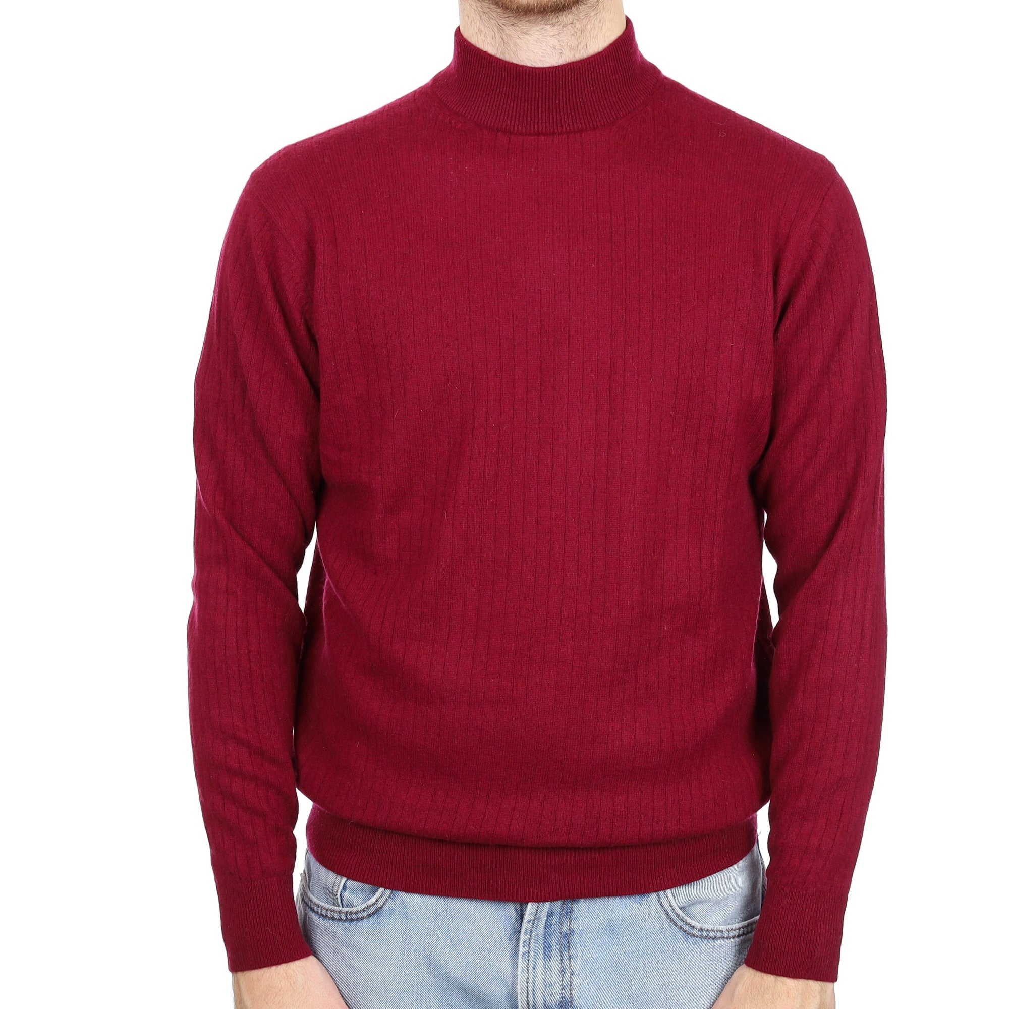 Men's Wine Red Rib Cashmere Turtle Neck Jumper Large