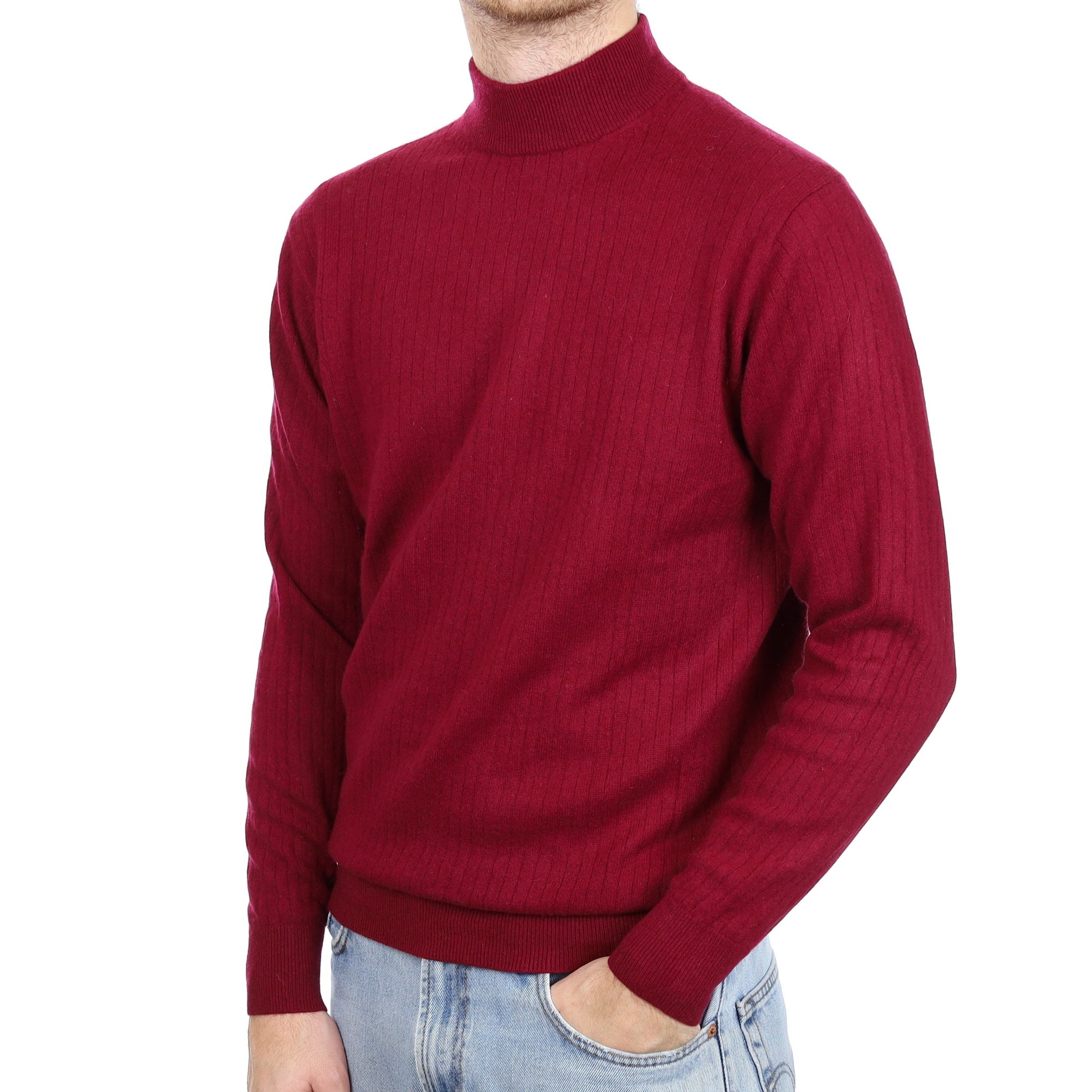 Men's Wine Red Rib Cashmere Turtle Neck Jumper Large