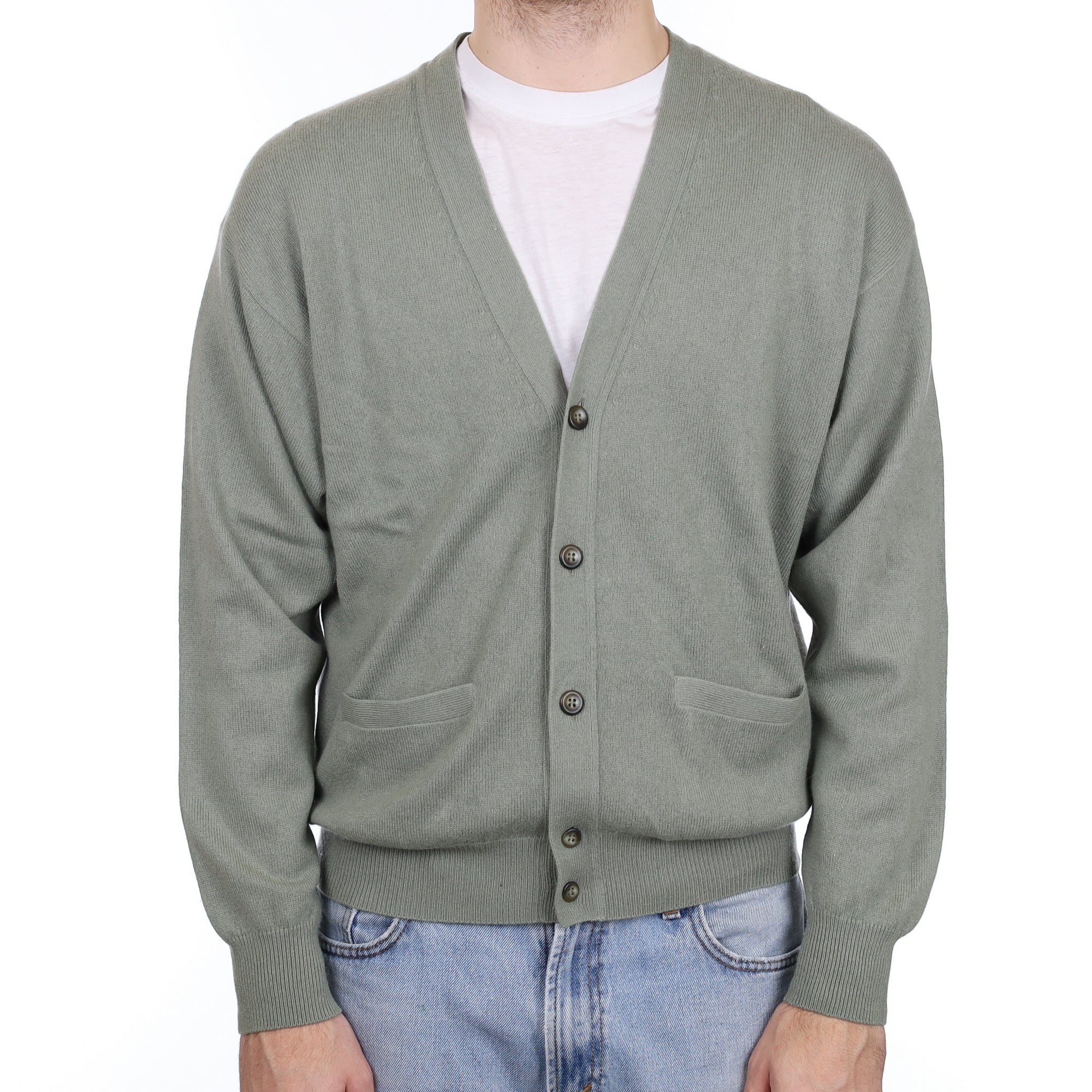 Men's Sage Green Cashmere V Neck Cardigan with Pockets Large
