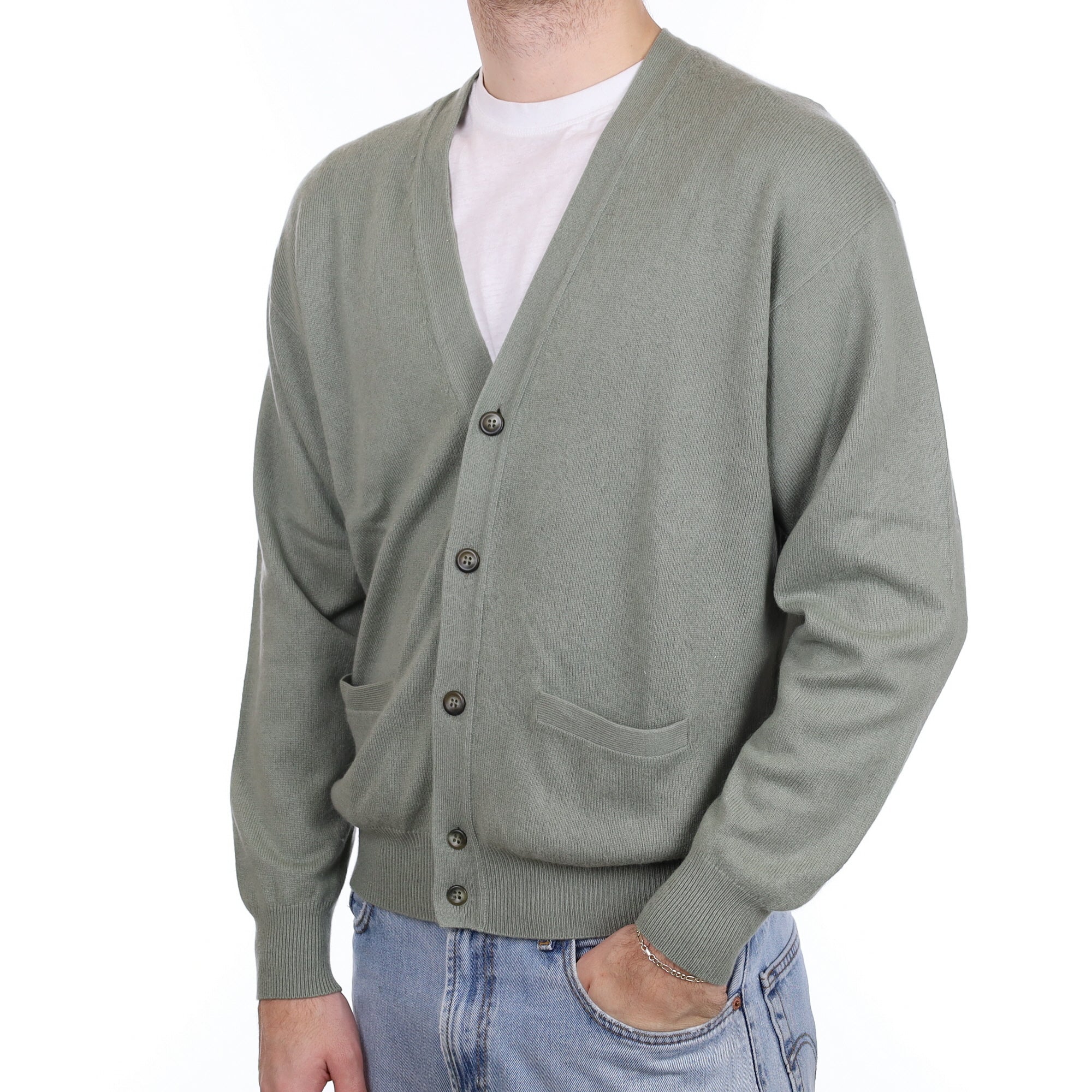 Men's Sage Green Cashmere V Neck Cardigan with Pockets Large