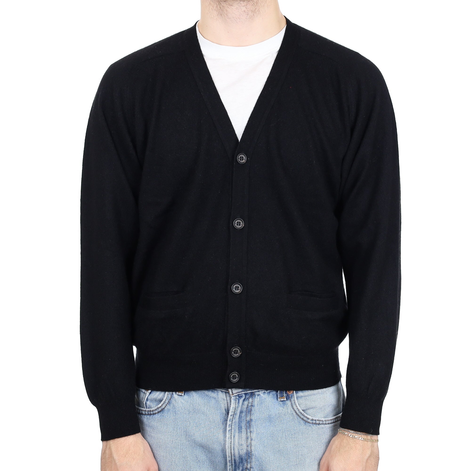 Men's Black Cashmere V Neck Cardigan with Pockets Large