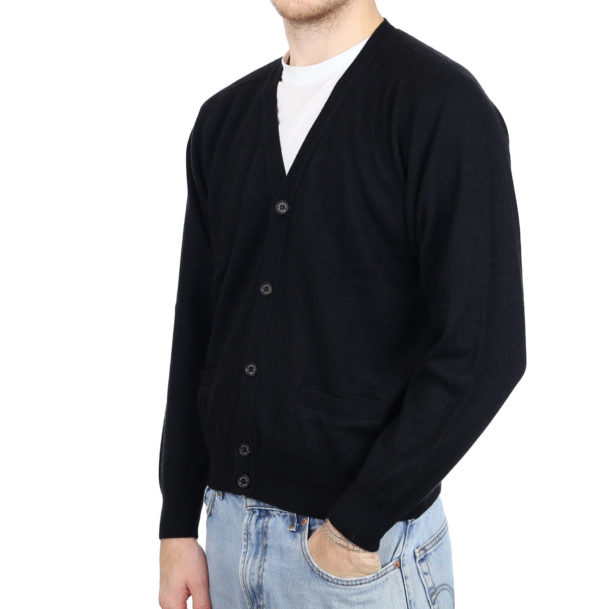 Men's Black Cashmere V Neck Cardigan with Pockets Large