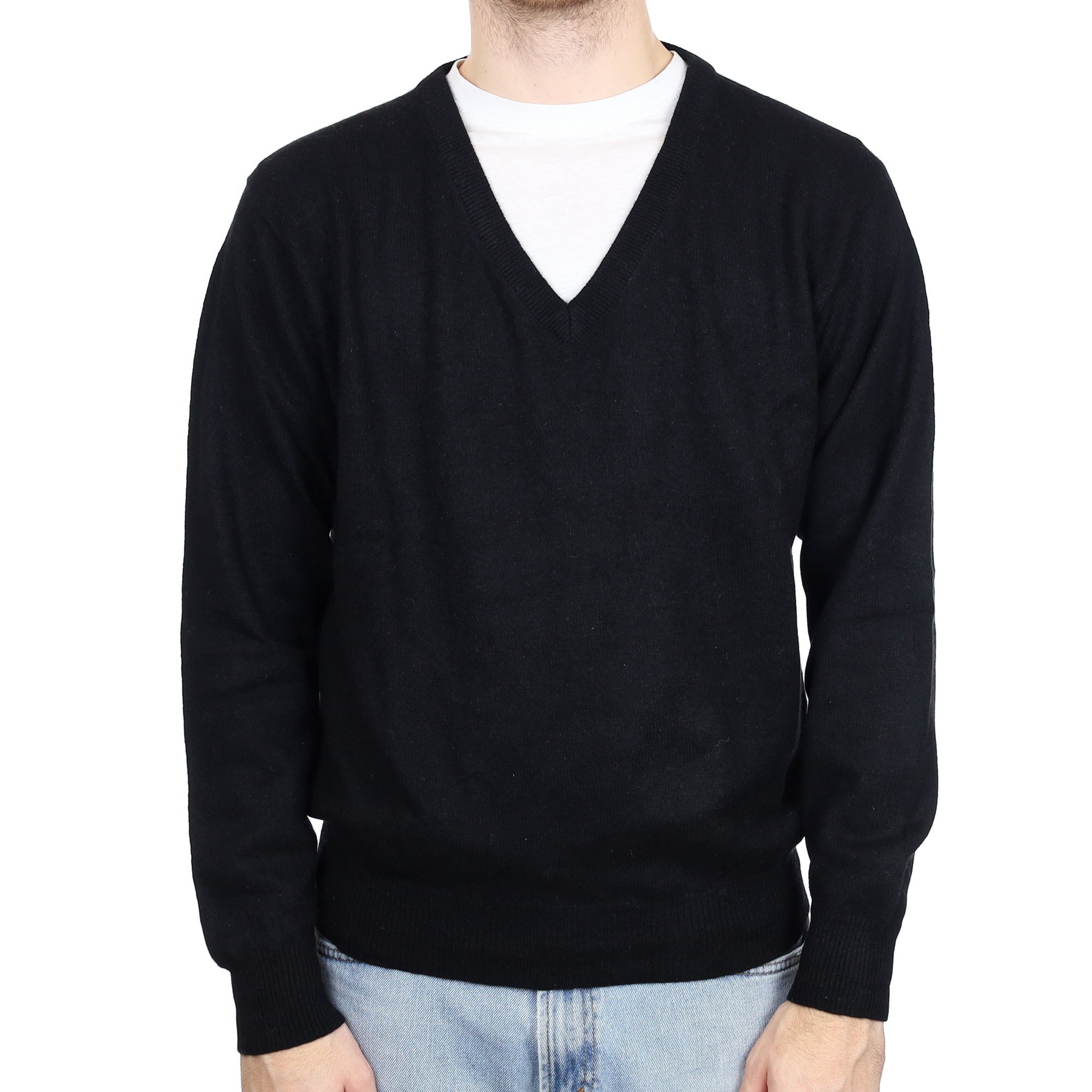 Men's Black Cashmere V Neck Jumper Large