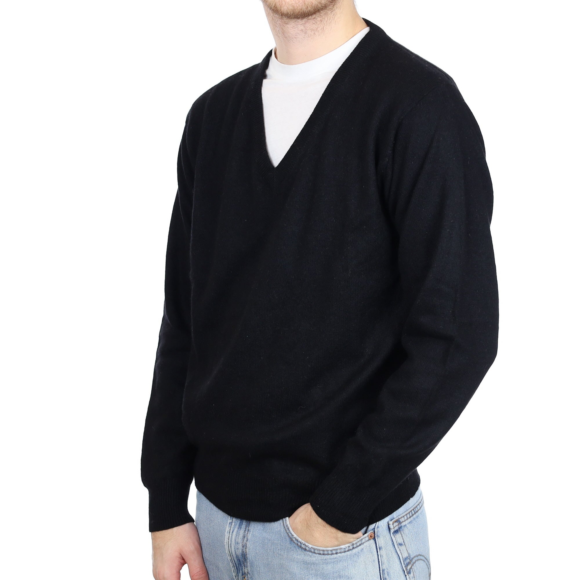 Men's Black Cashmere V Neck Jumper Large