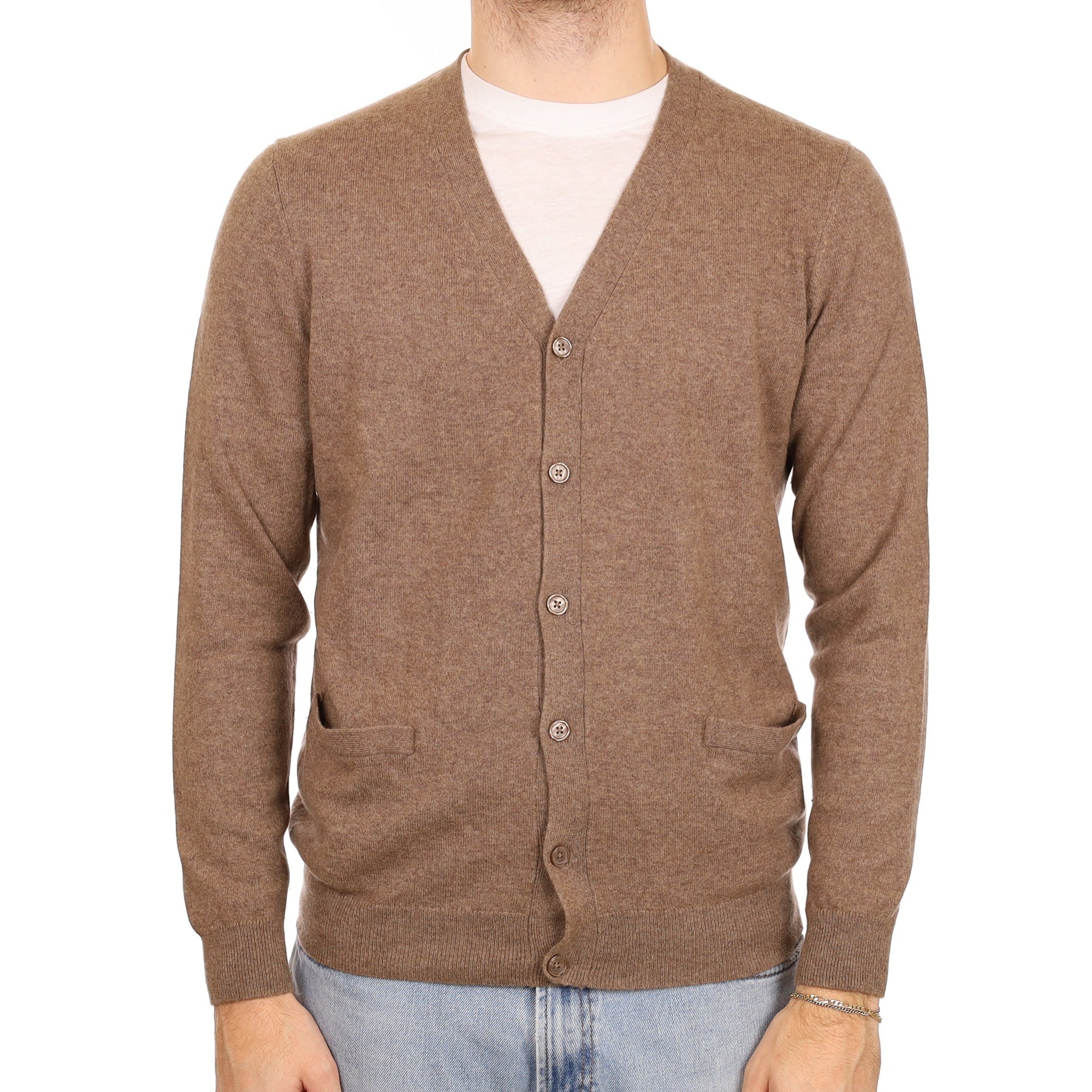 Men's Mocha Brown Cashmere V Neck Cardigan with Pockets Large