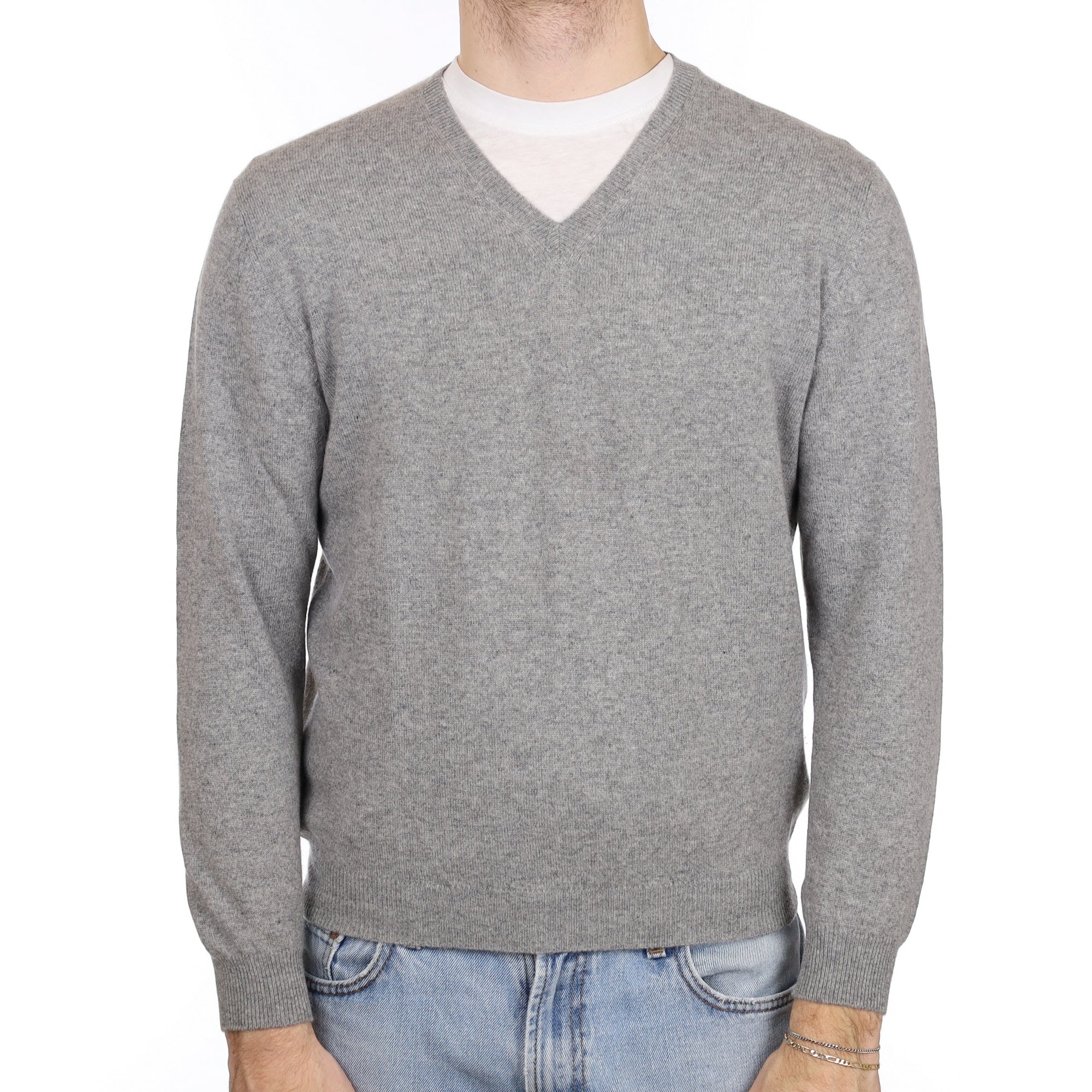 Men's Ash Grey Cashmere V Neck Jumper Large