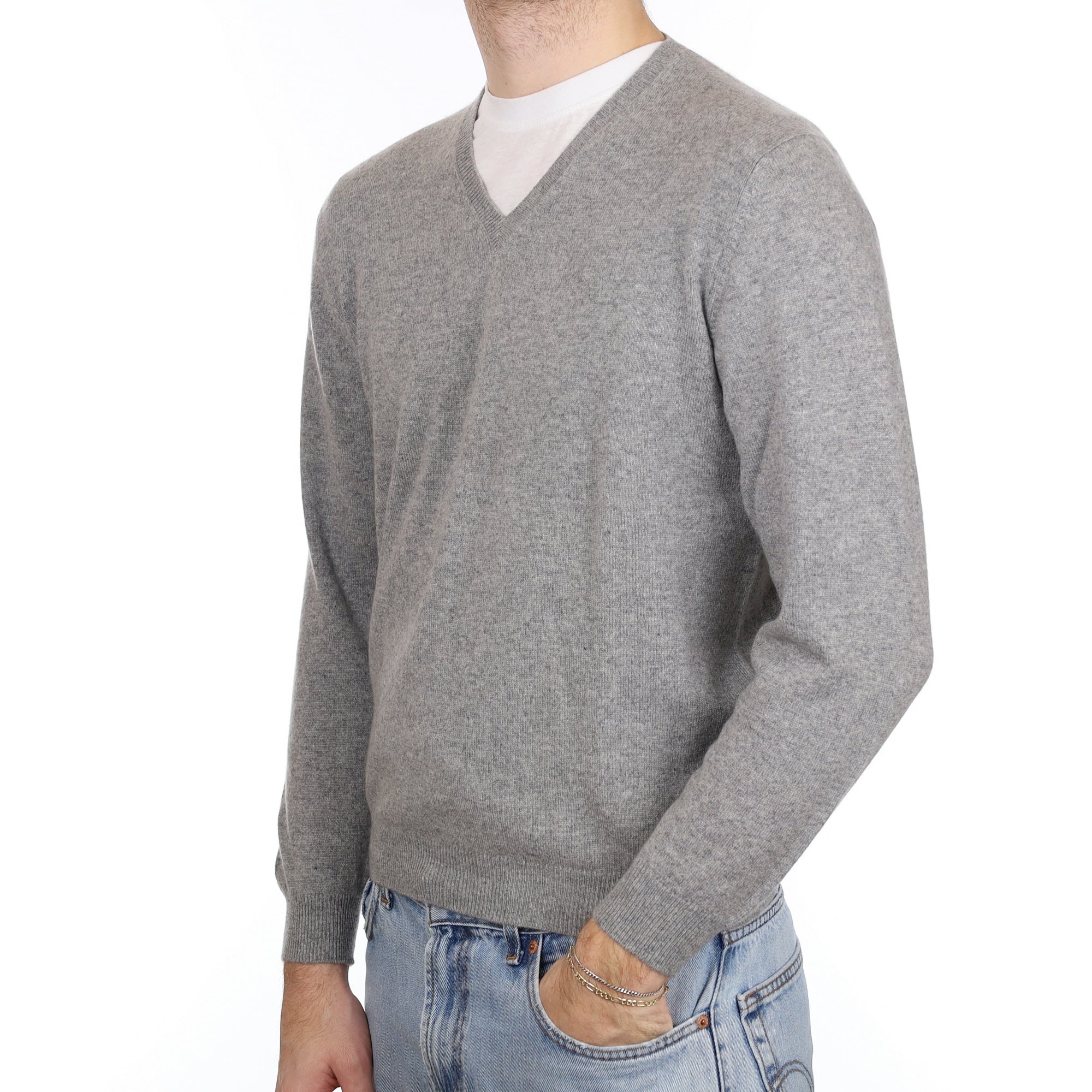 Men's Ash Grey Cashmere V Neck Jumper Large