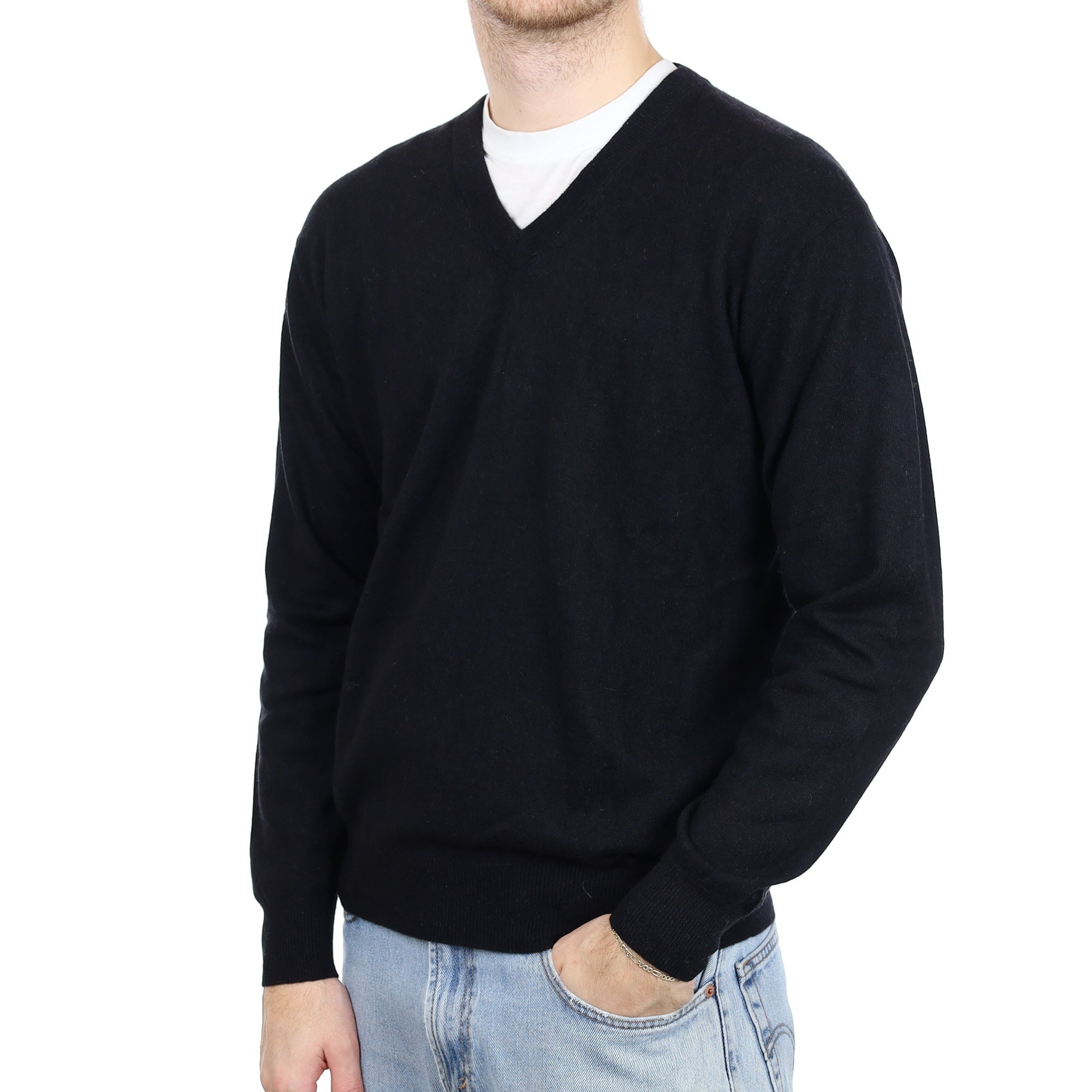 Men's Black Cashmere V Neck Jumper Large
