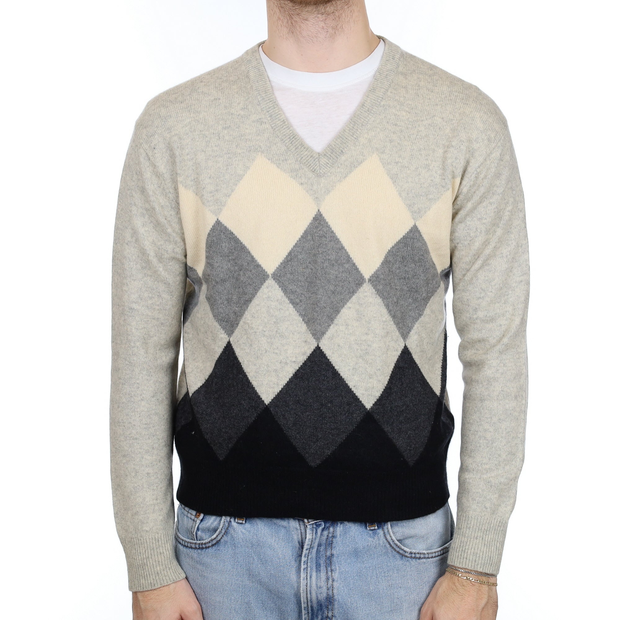 Men's Grey Diamond Cashmere V Neck Jumper Large