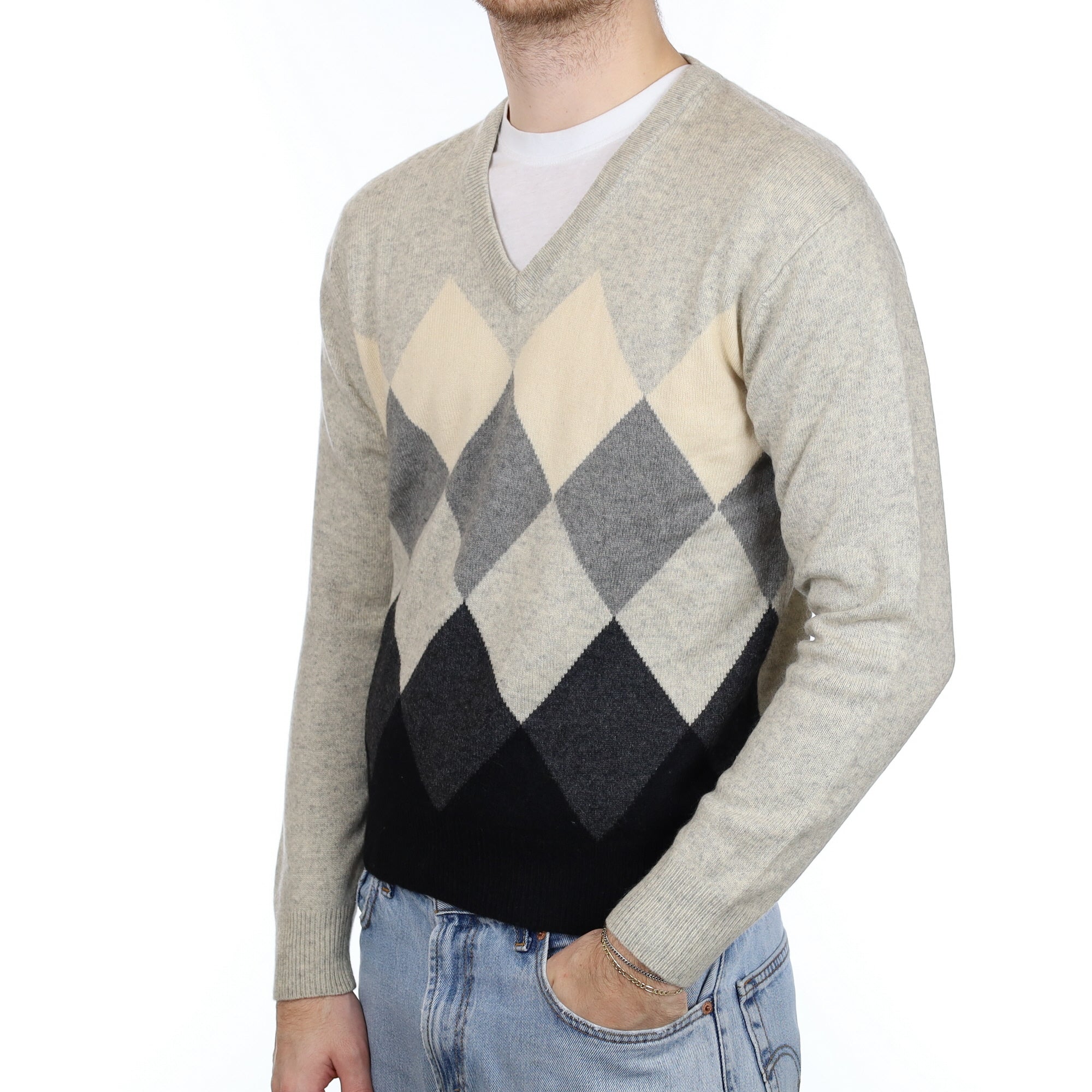 Men's Grey Diamond Cashmere V Neck Jumper Large