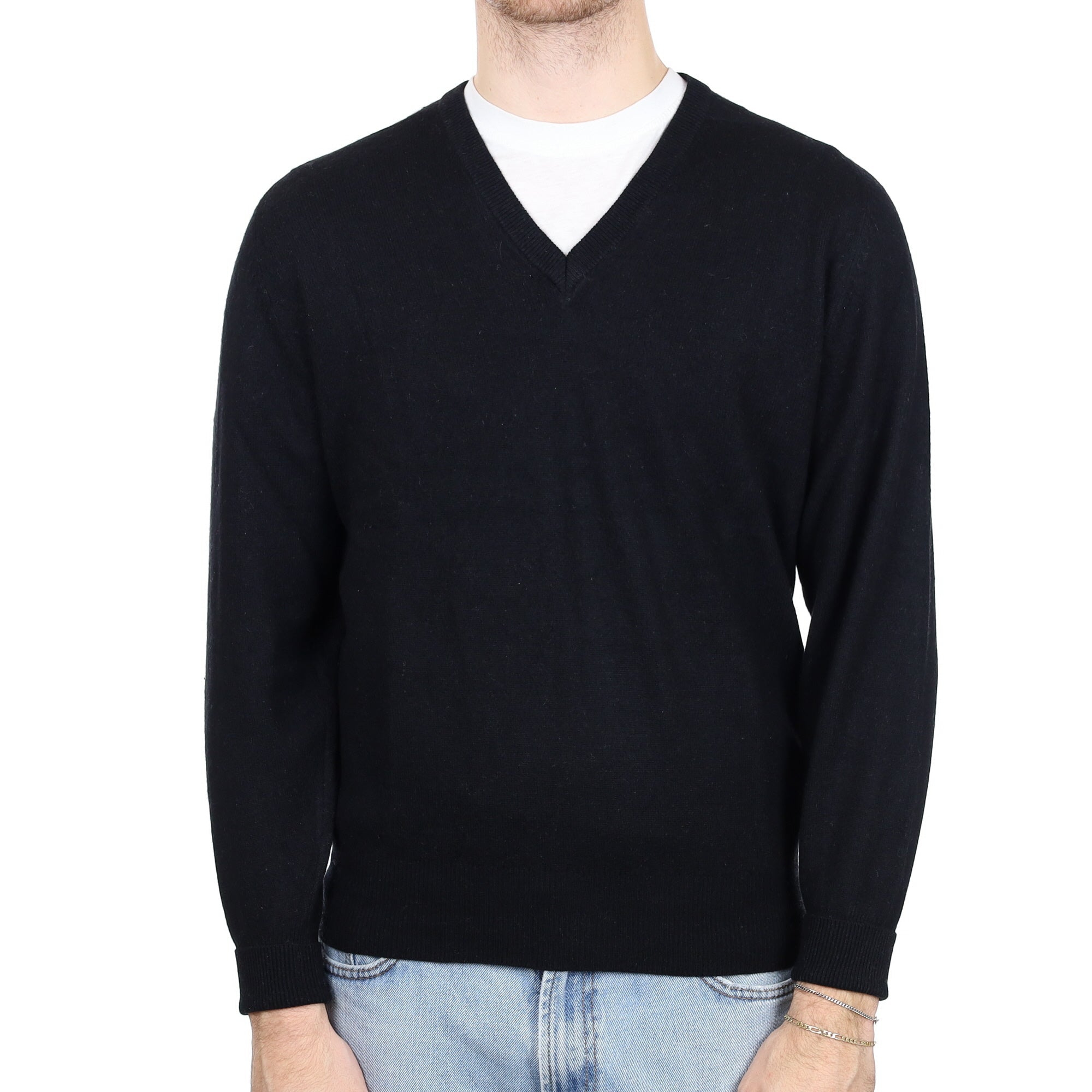 Men's Black Cashmere V Neck Jumper Large