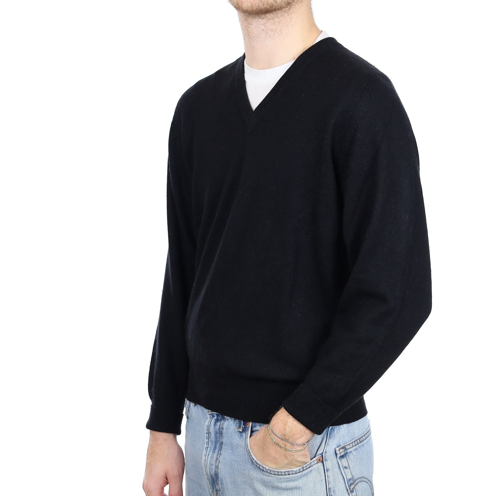 Men's Black Cashmere V Neck Jumper Large