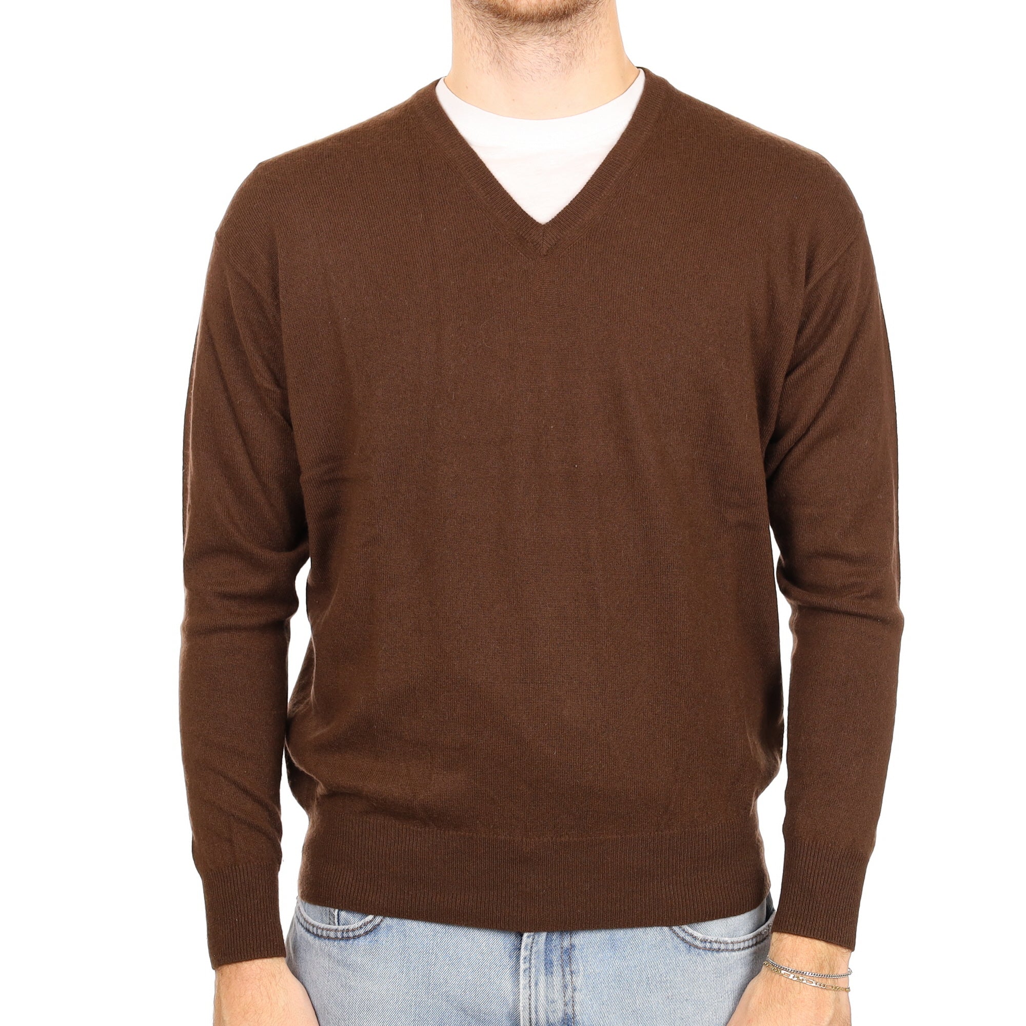 Men's Milk Chocolate Cashmere V Neck Jumper Large