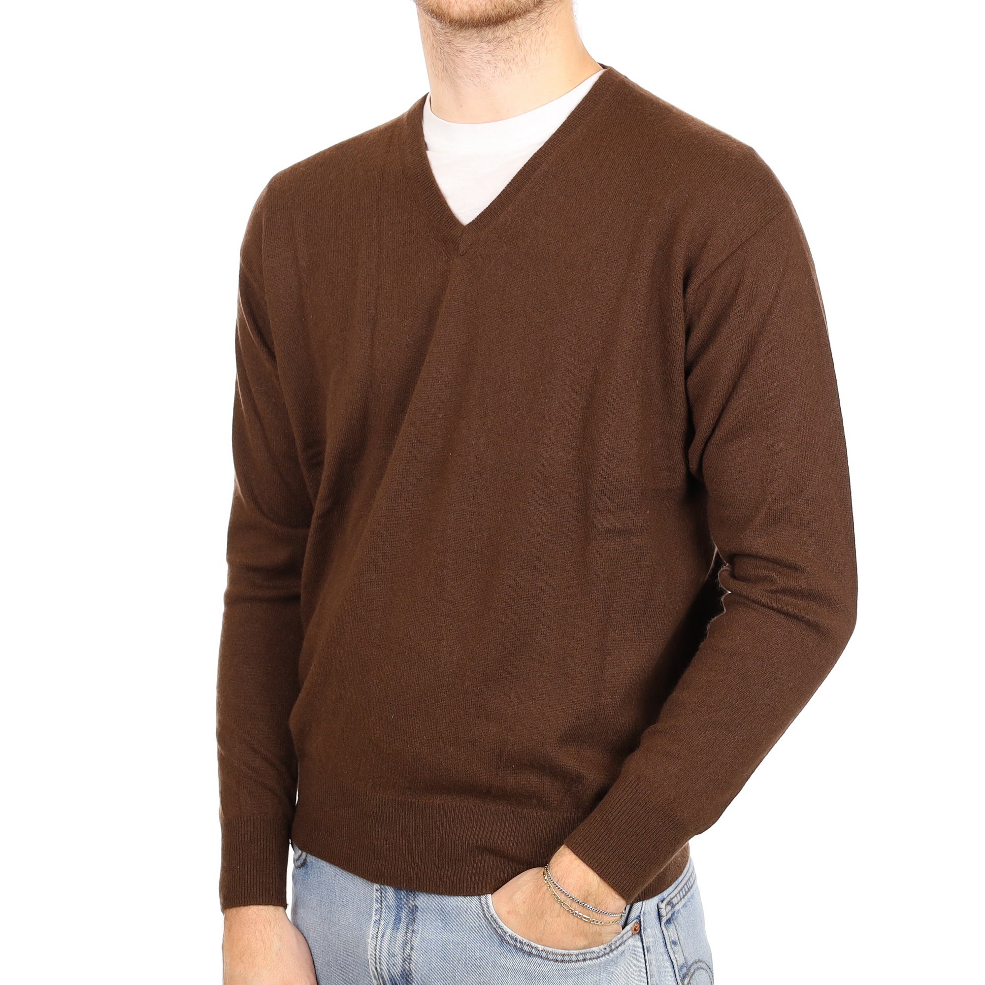 Men's Milk Chocolate Cashmere V Neck Jumper Large