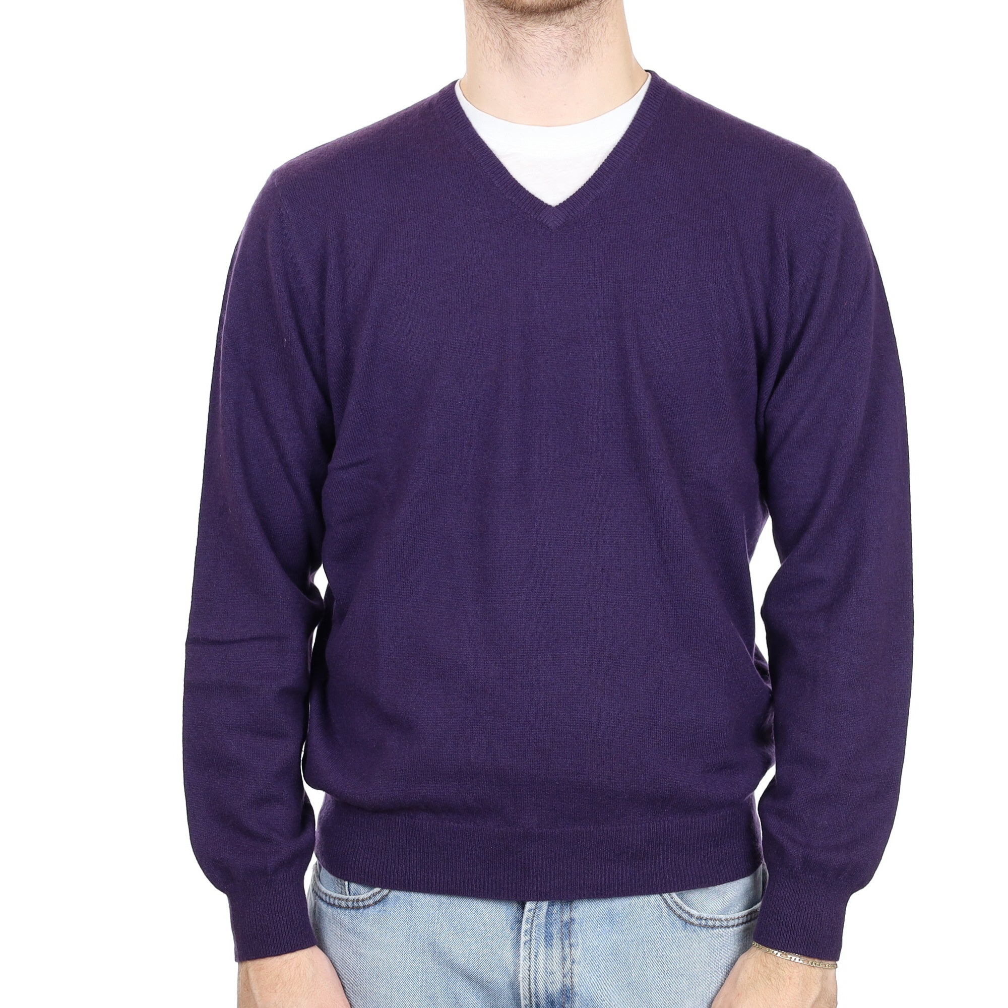 Men's Blueberry Purple Cashmere V Neck Jumper Large