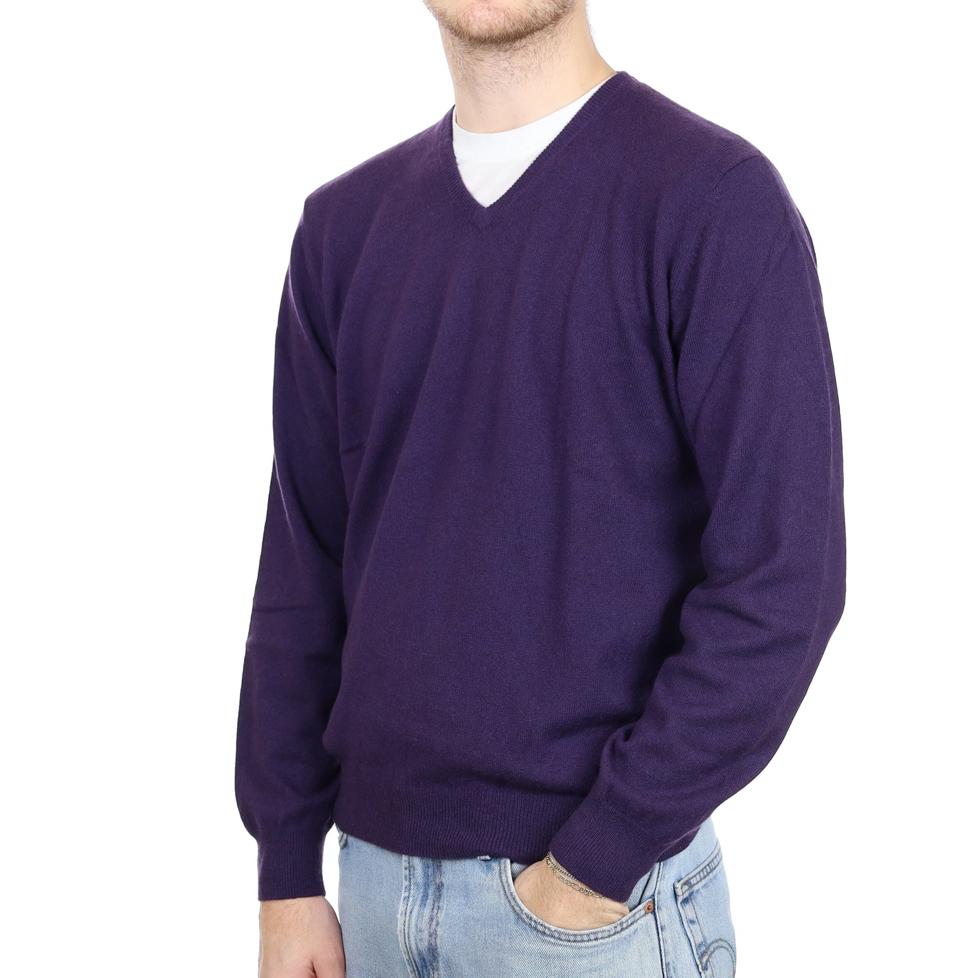 Men's Blueberry Purple Cashmere V Neck Jumper Large