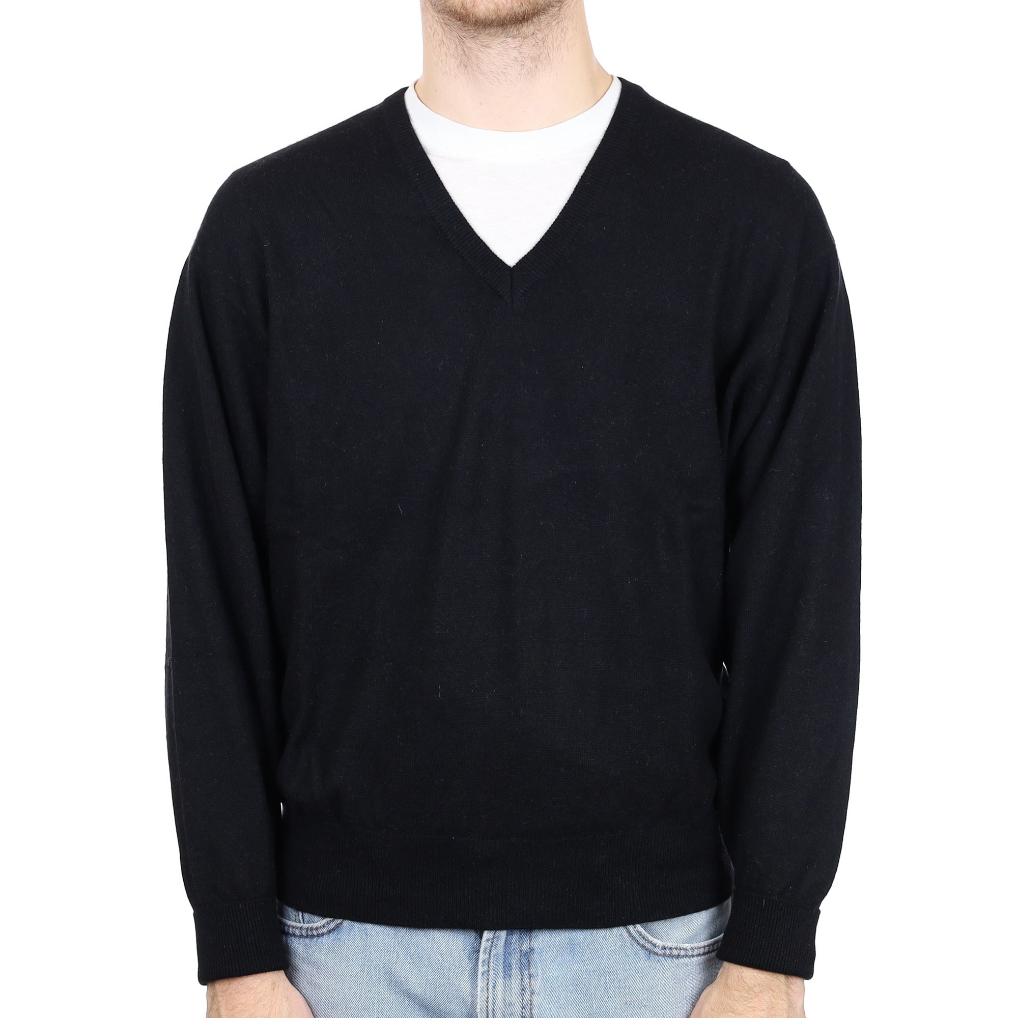 Men's Black Cashmere V Neck Jumper Large