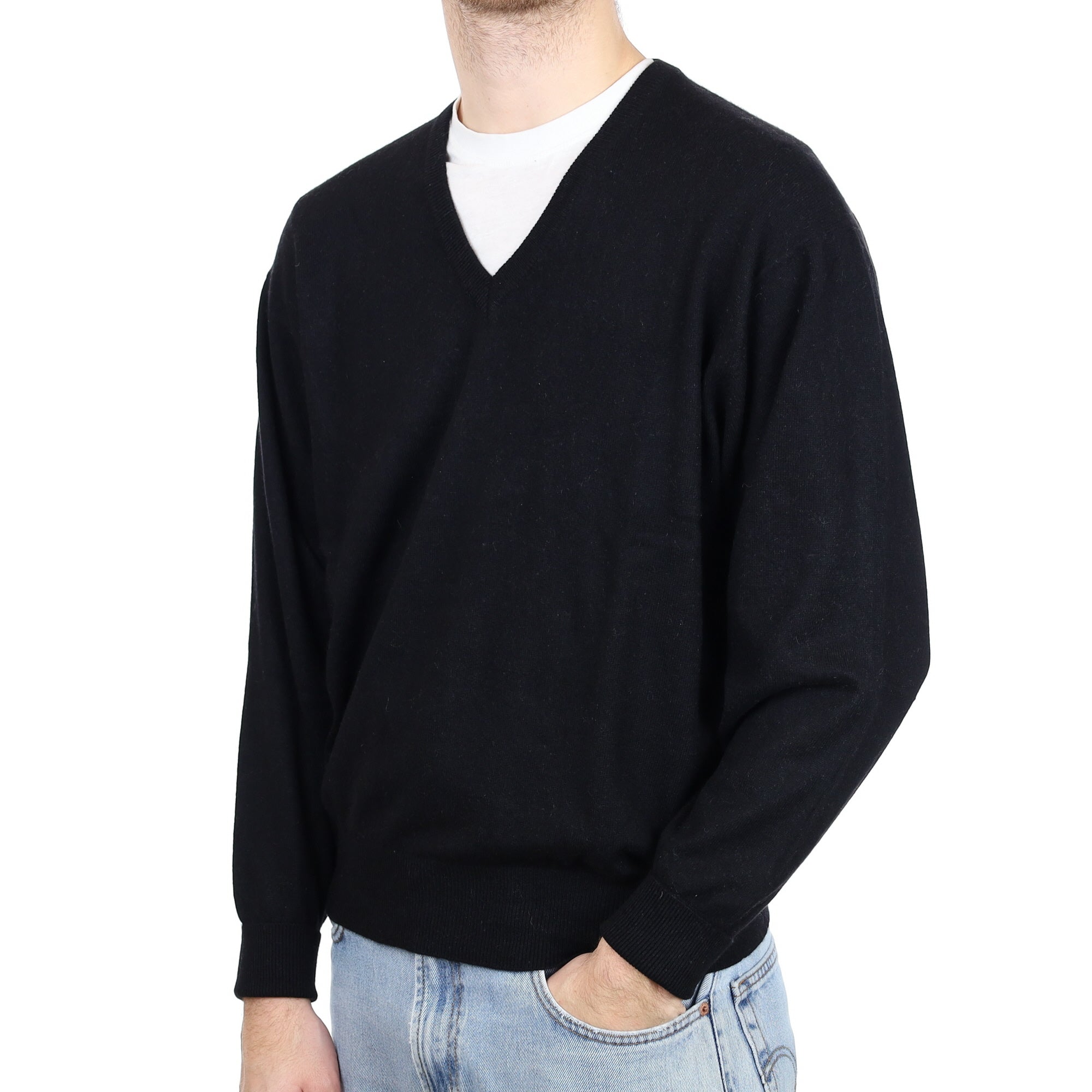 Men's Black Cashmere V Neck Jumper Large