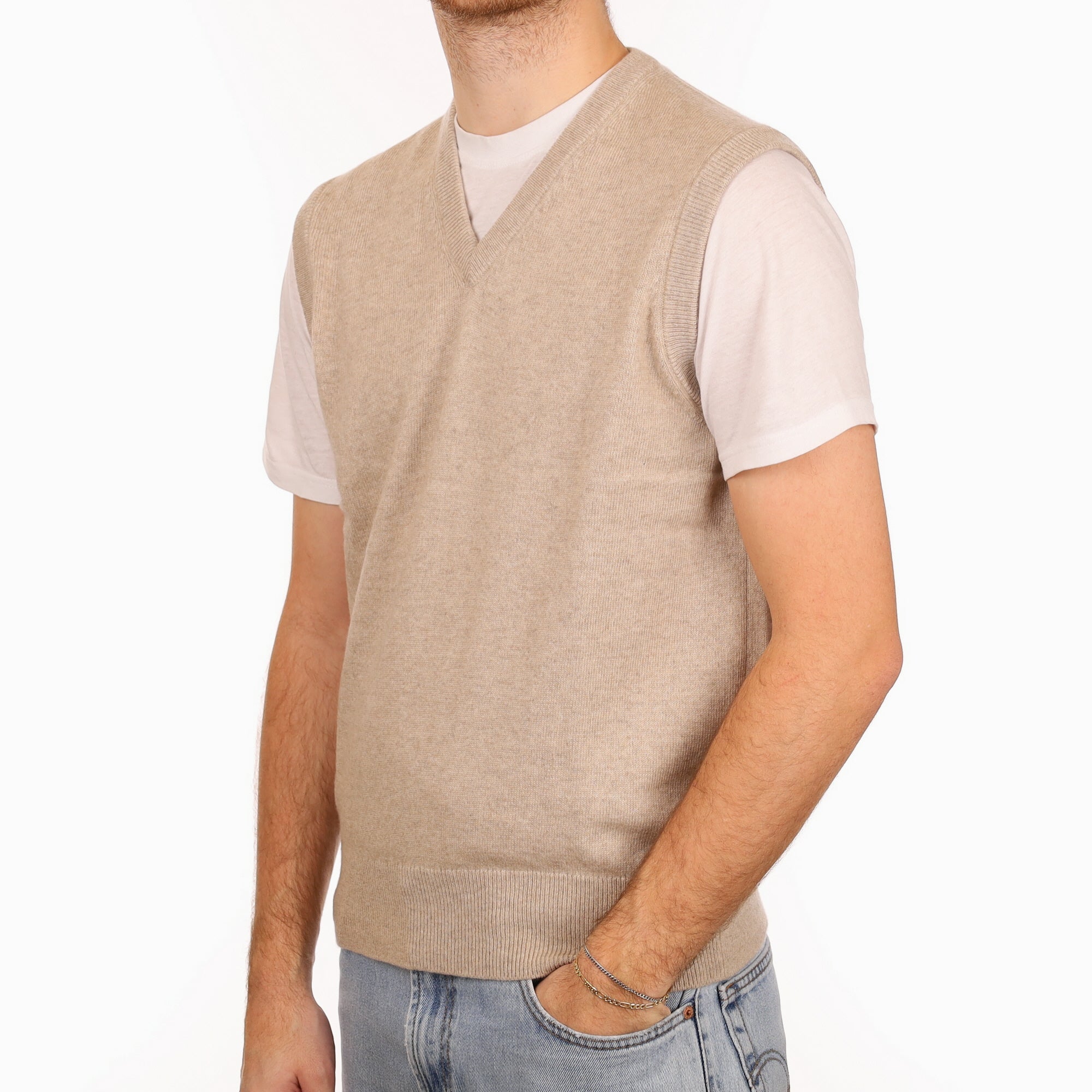 Men's Fawn Cashmere V Neck Tank Top Large