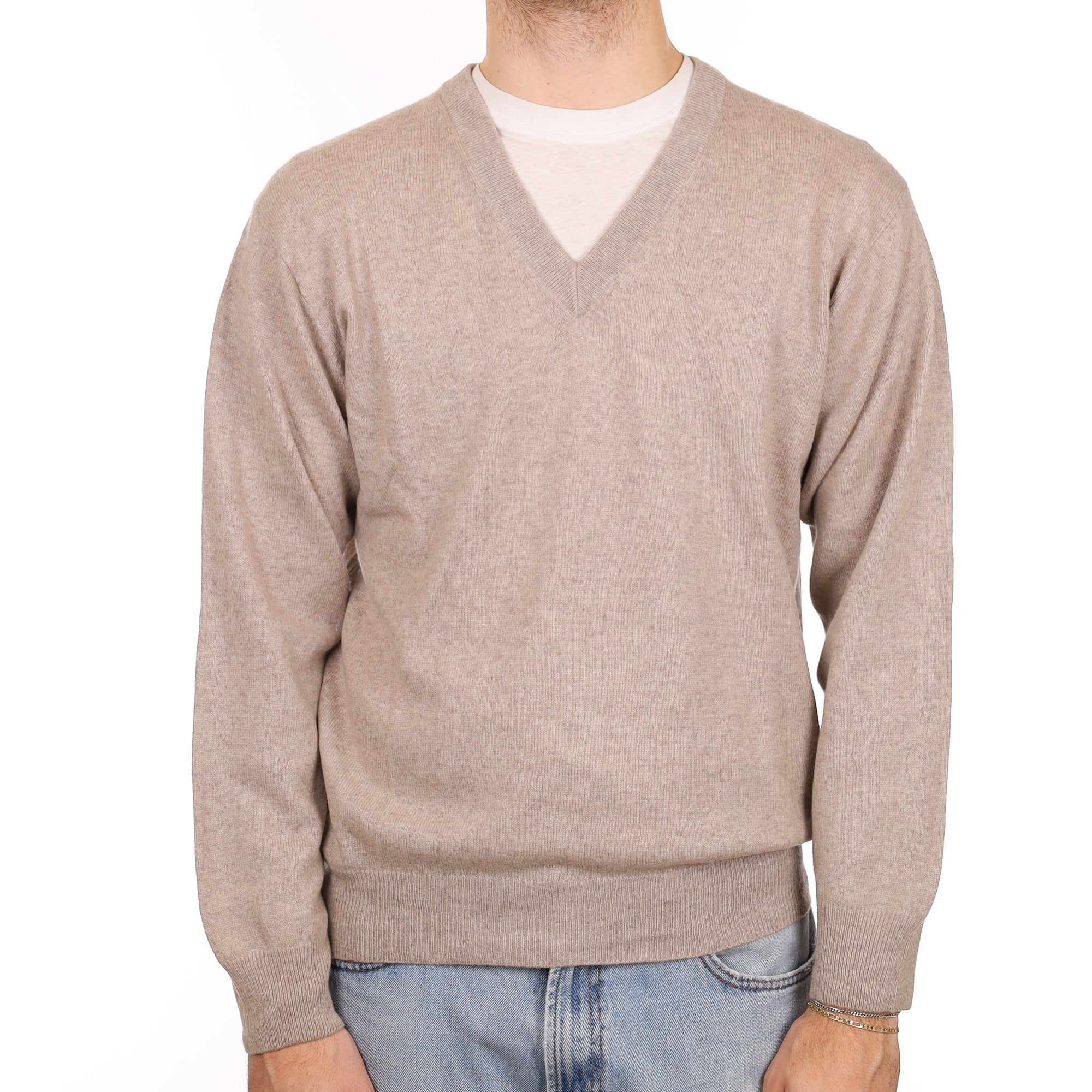 Men's Biscuit Brown Cashmere V Neck Jumper Large