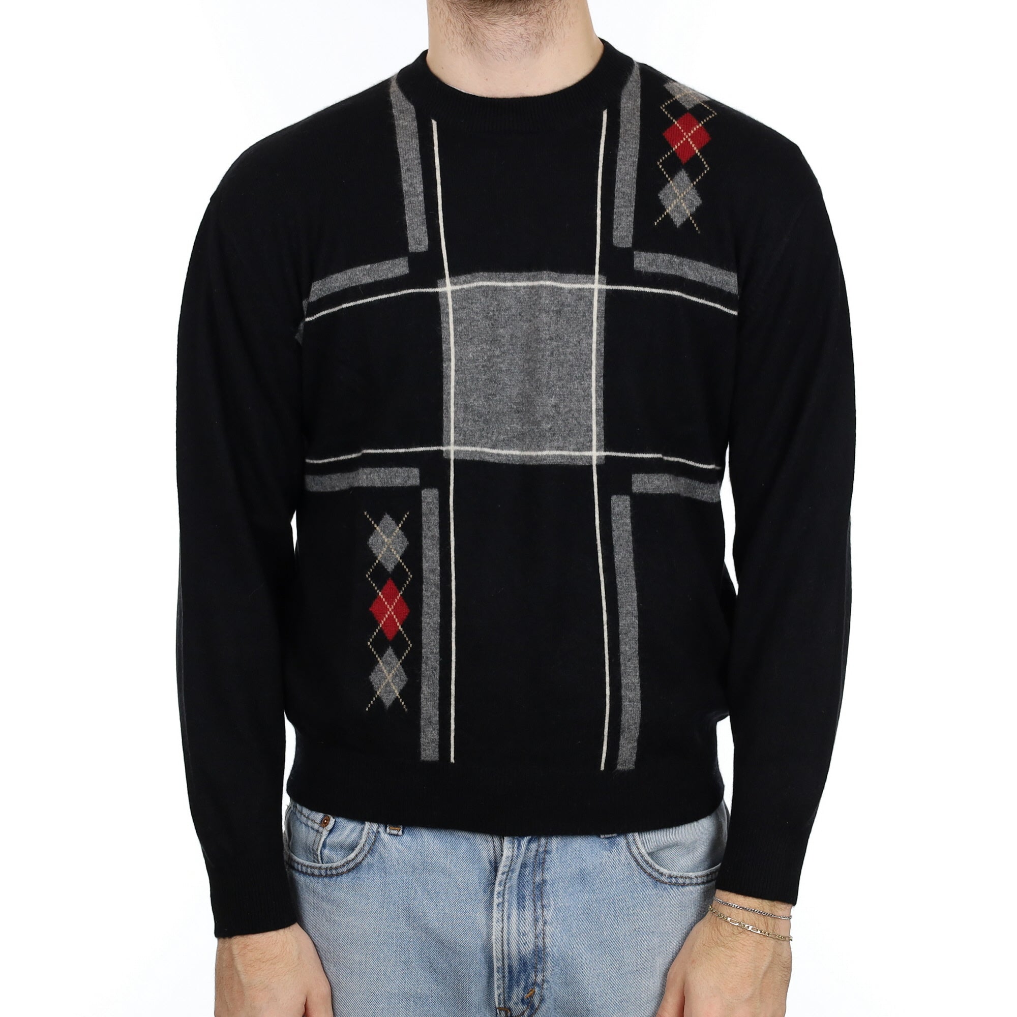 Men's Black Patterned Cashmere Crew Neck Jumper Large