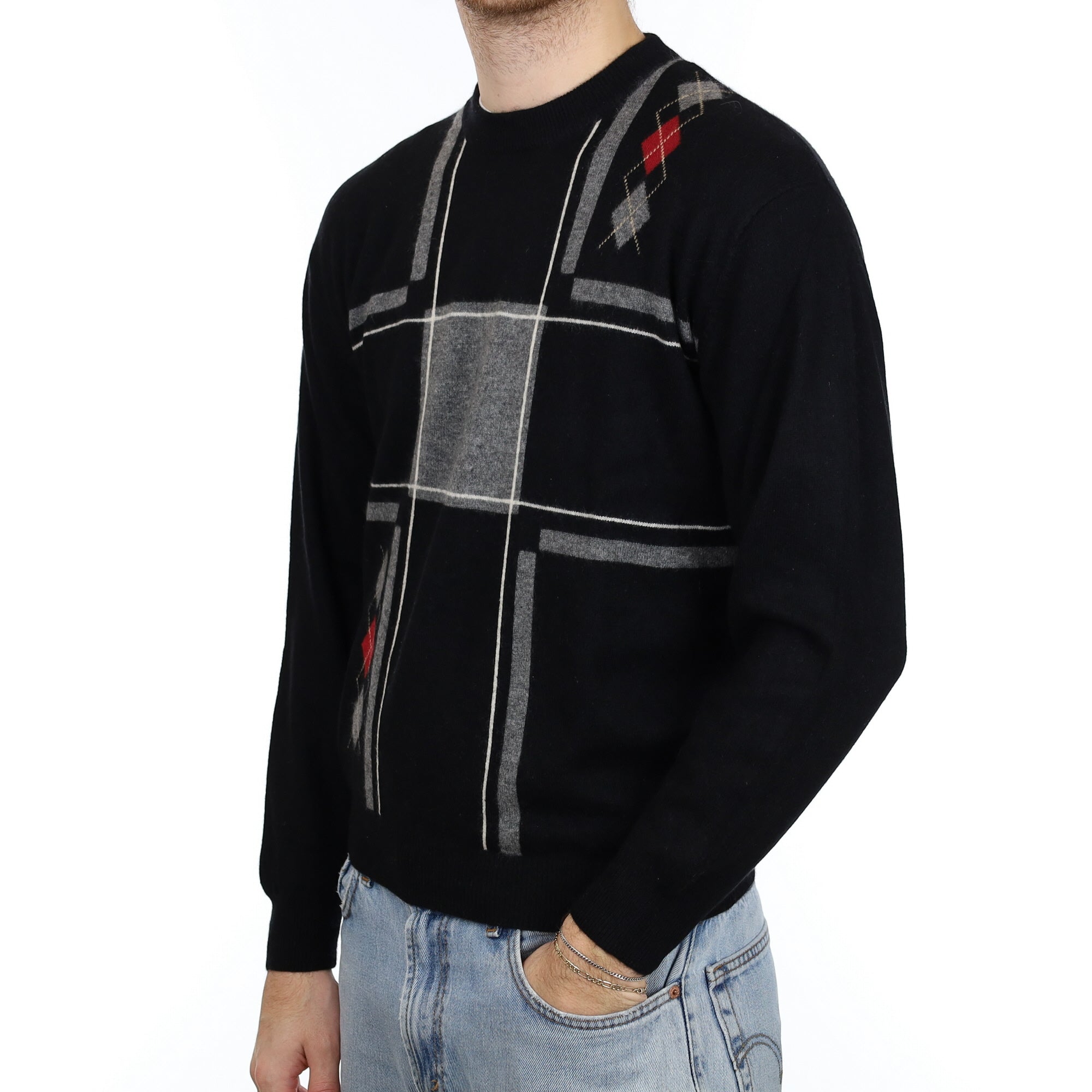 Men's Black Patterned Cashmere Crew Neck Jumper Large