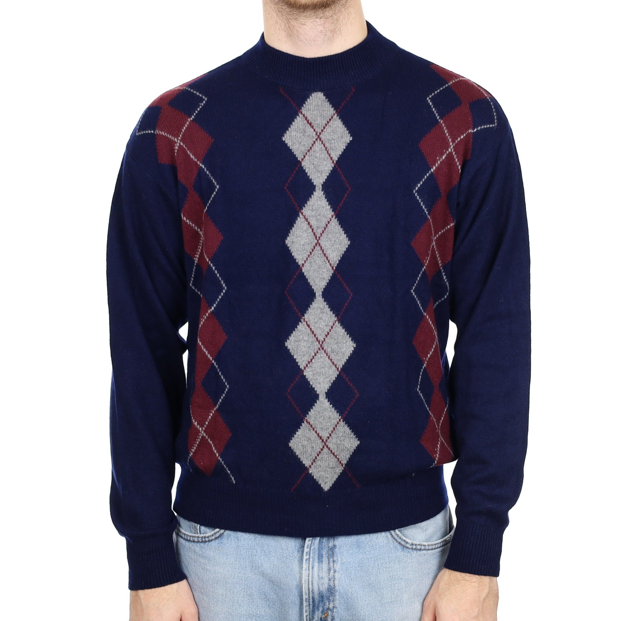 Men's Navy Burgundy Diamond Cashmere Turtle Neck Jumper Large