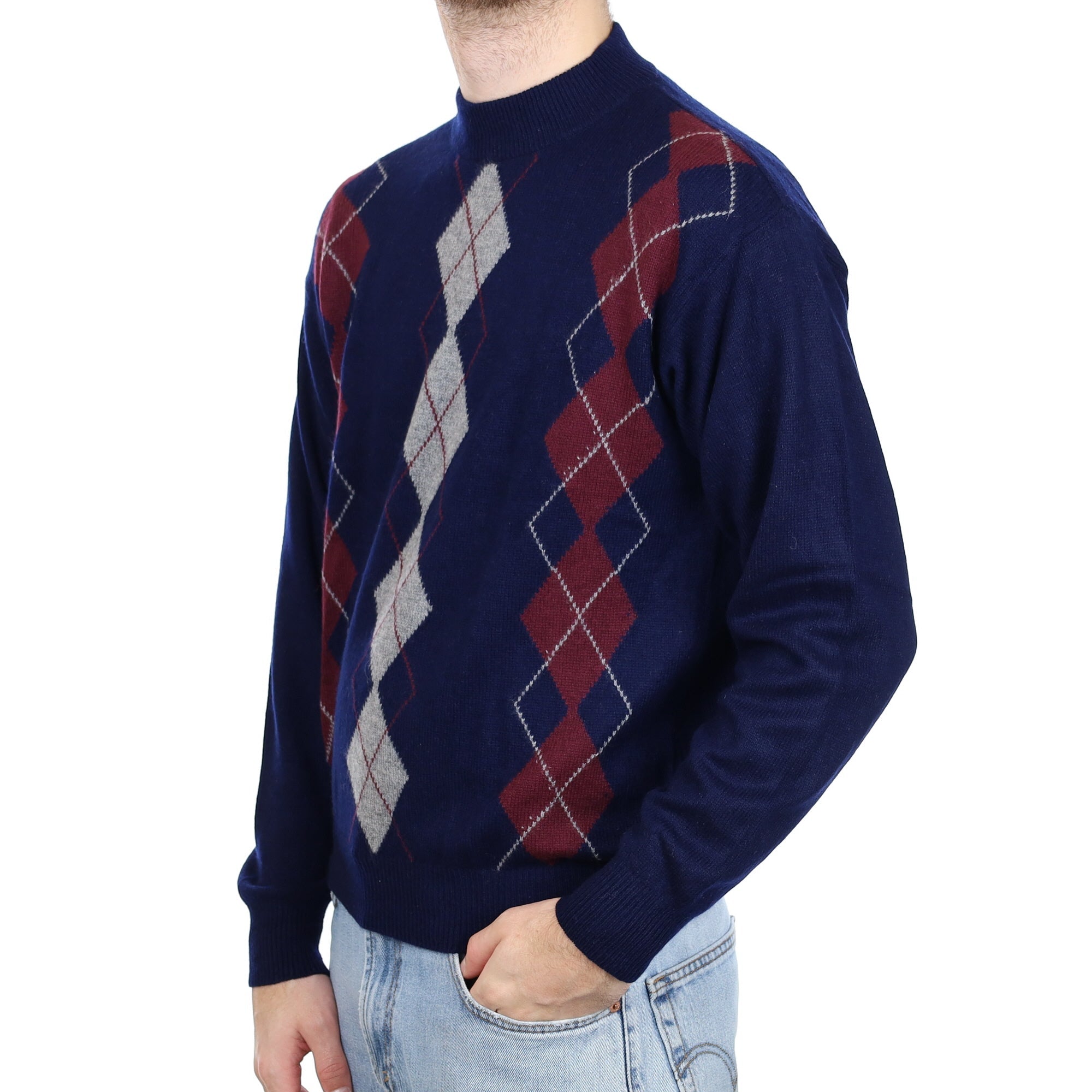 Men's Navy Burgundy Diamond Cashmere Turtle Neck Jumper Large