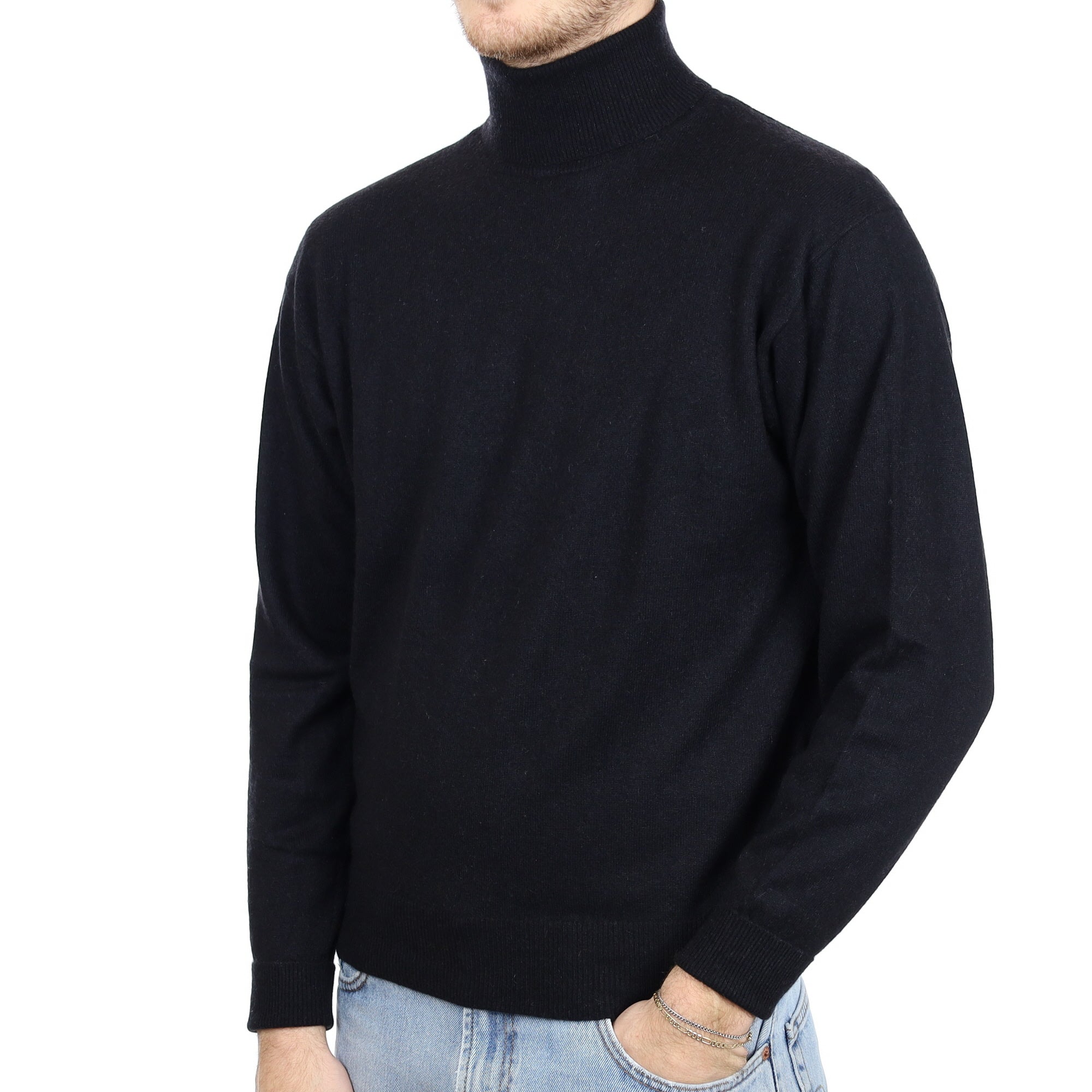 Men's Italian Black Cashmere Polo Neck Jumper Large