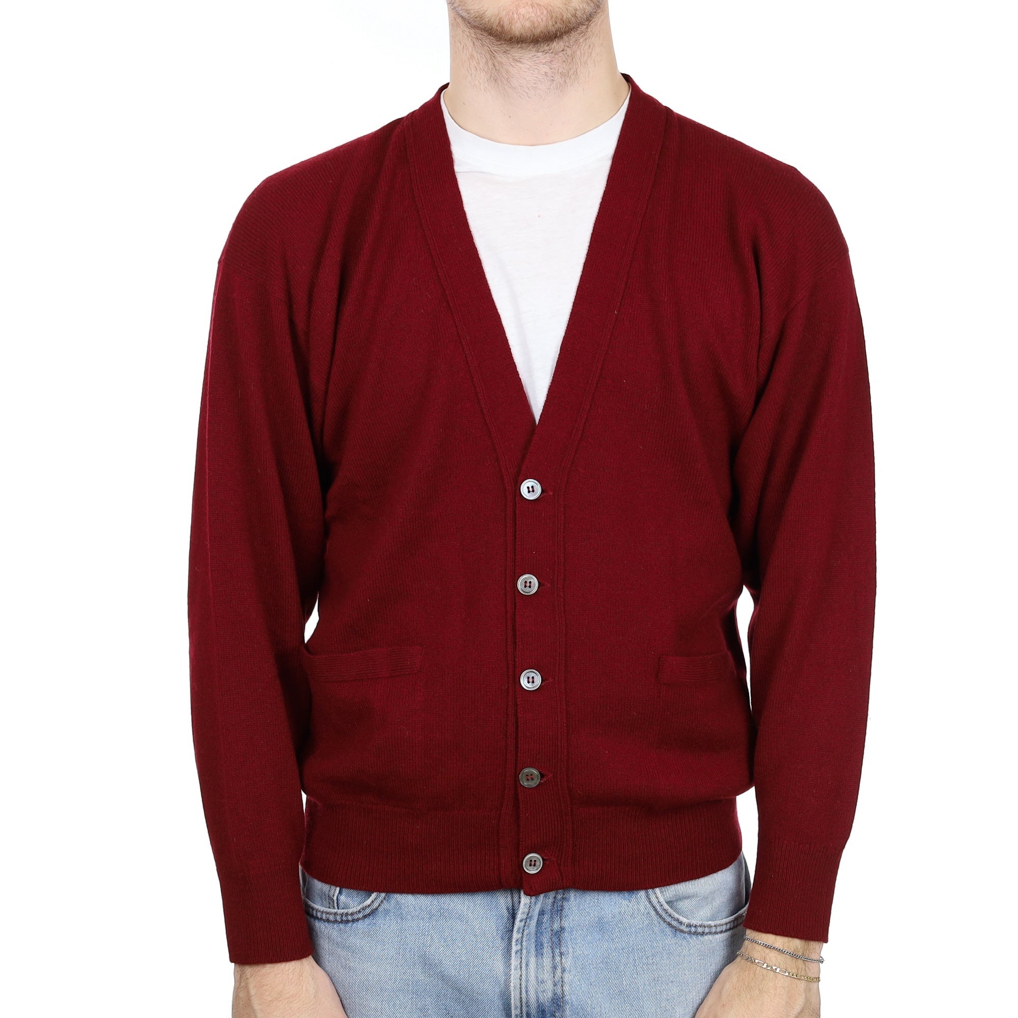 Men's Scottish Vintage Burgundy Cashmere V Neck Cardigan Large