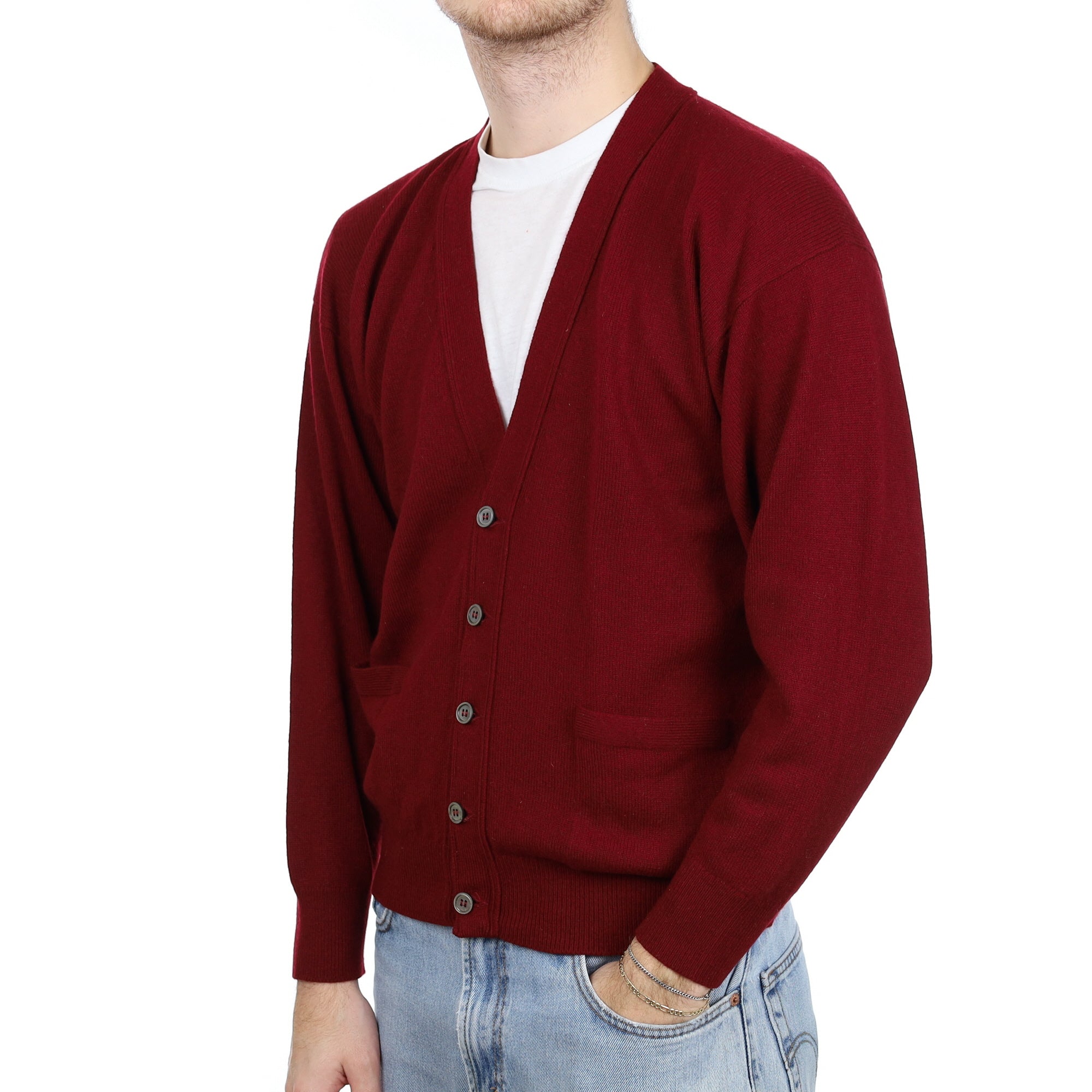 Men's Scottish Vintage Burgundy Cashmere V Neck Cardigan Large