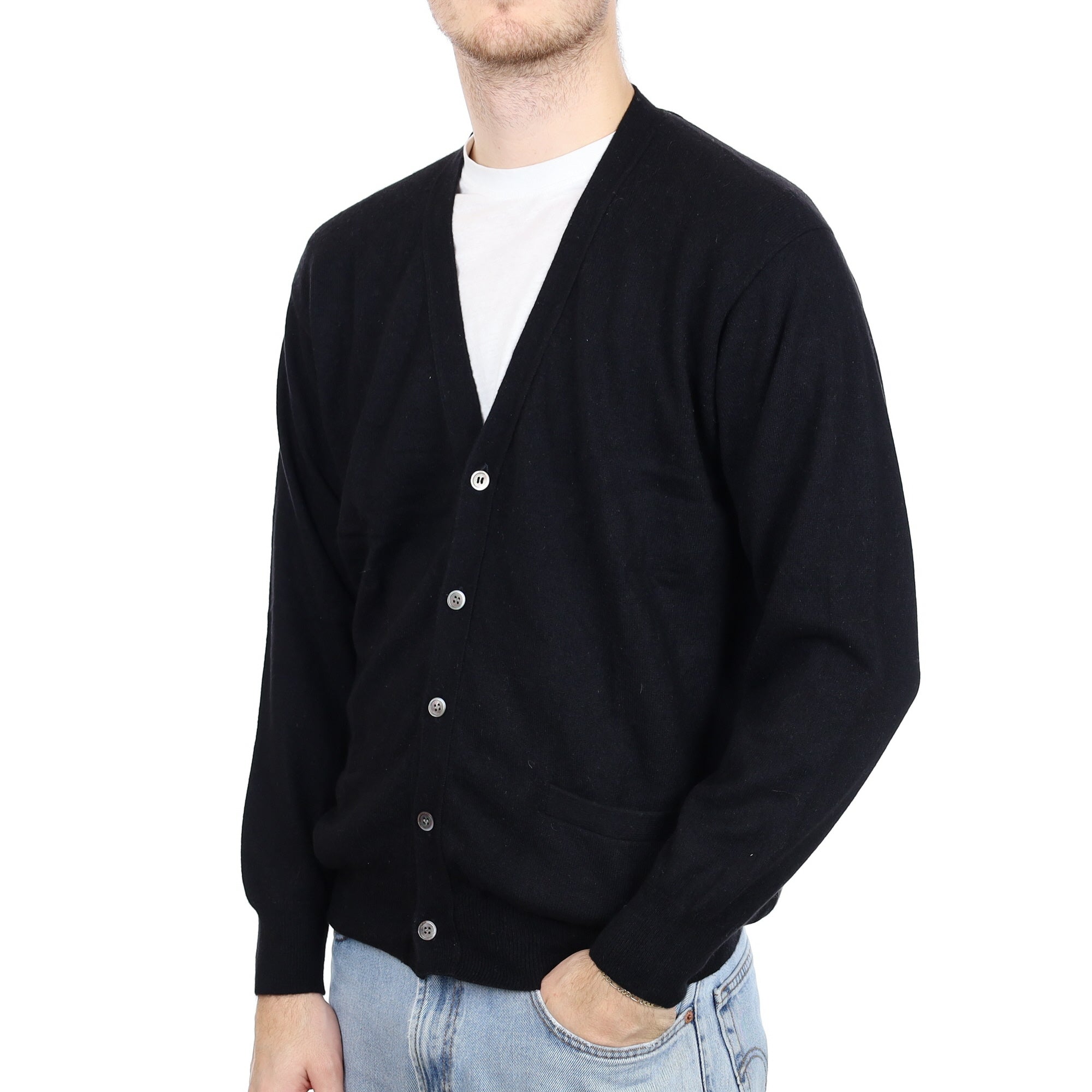 Men's Black Cashmere V Neck Cardigan with Pockets Large