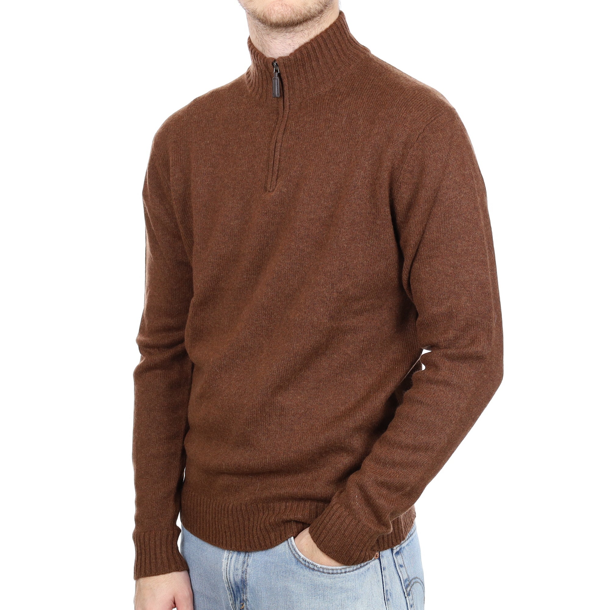 Men's Chestnut Brown Cashmere 1/4 Zip Jumper Large