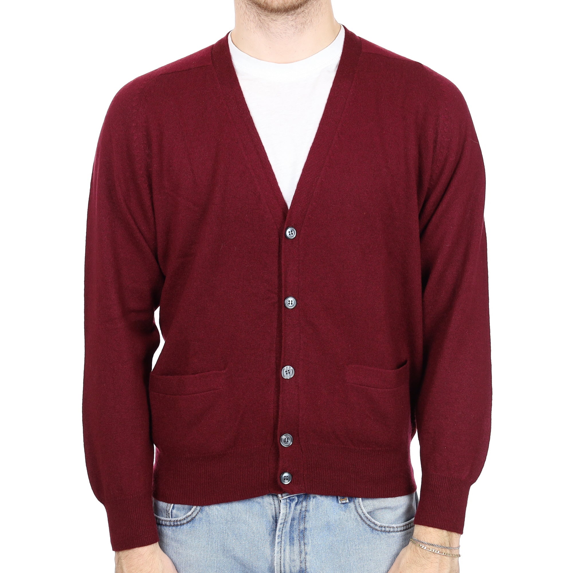 Men's Wine Red Cashmere V Neck Cardigan with Pockets Large