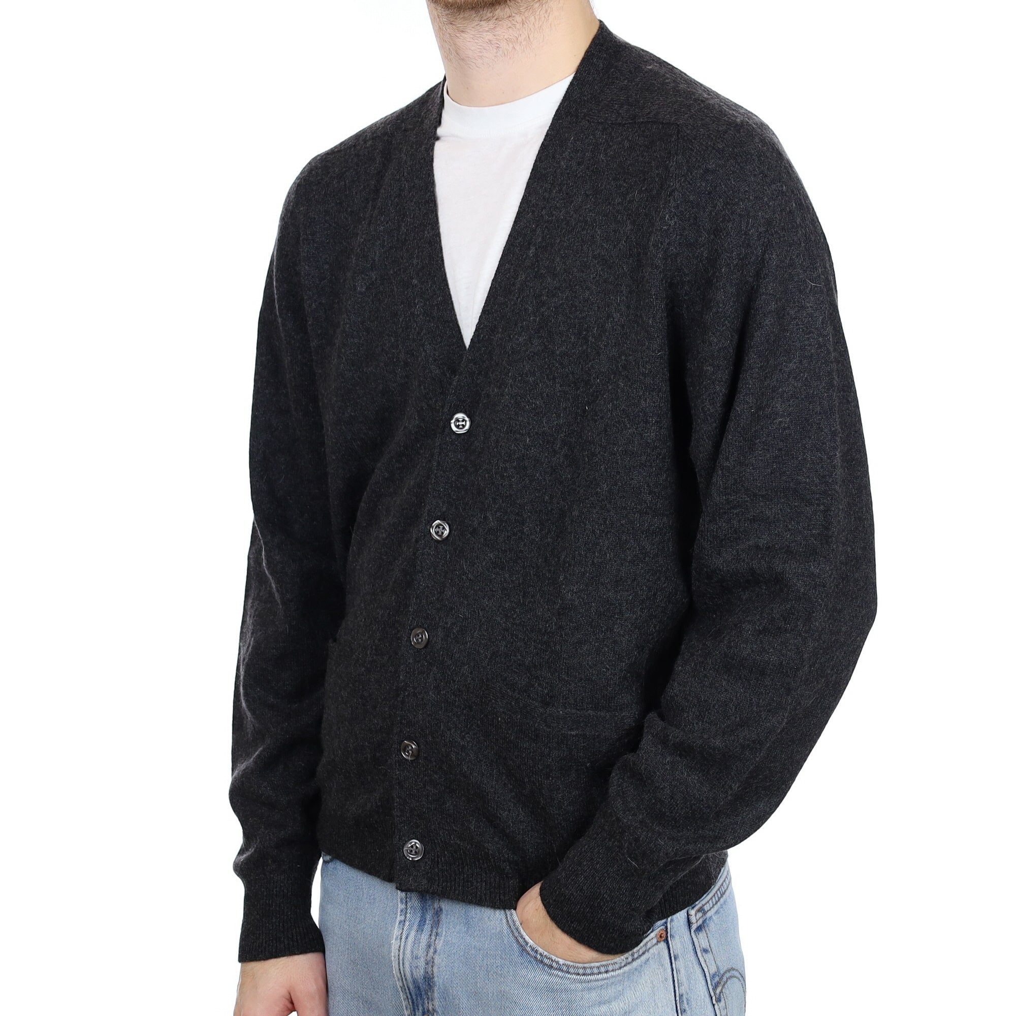 Men's Charcoal Grey Cashmere V Neck Cardigan Large
