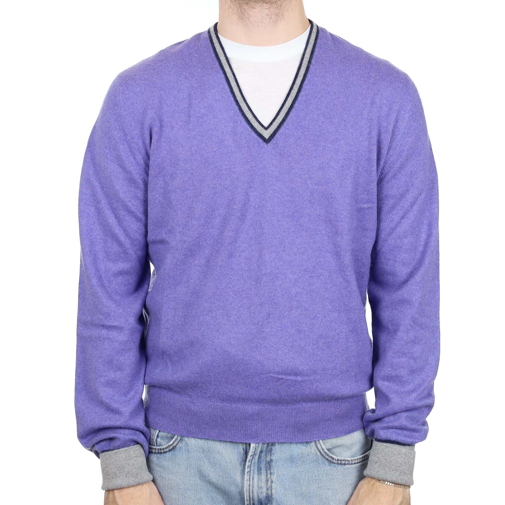 Men's Periwinkle Purple Cashmere V Neck Jumper Large