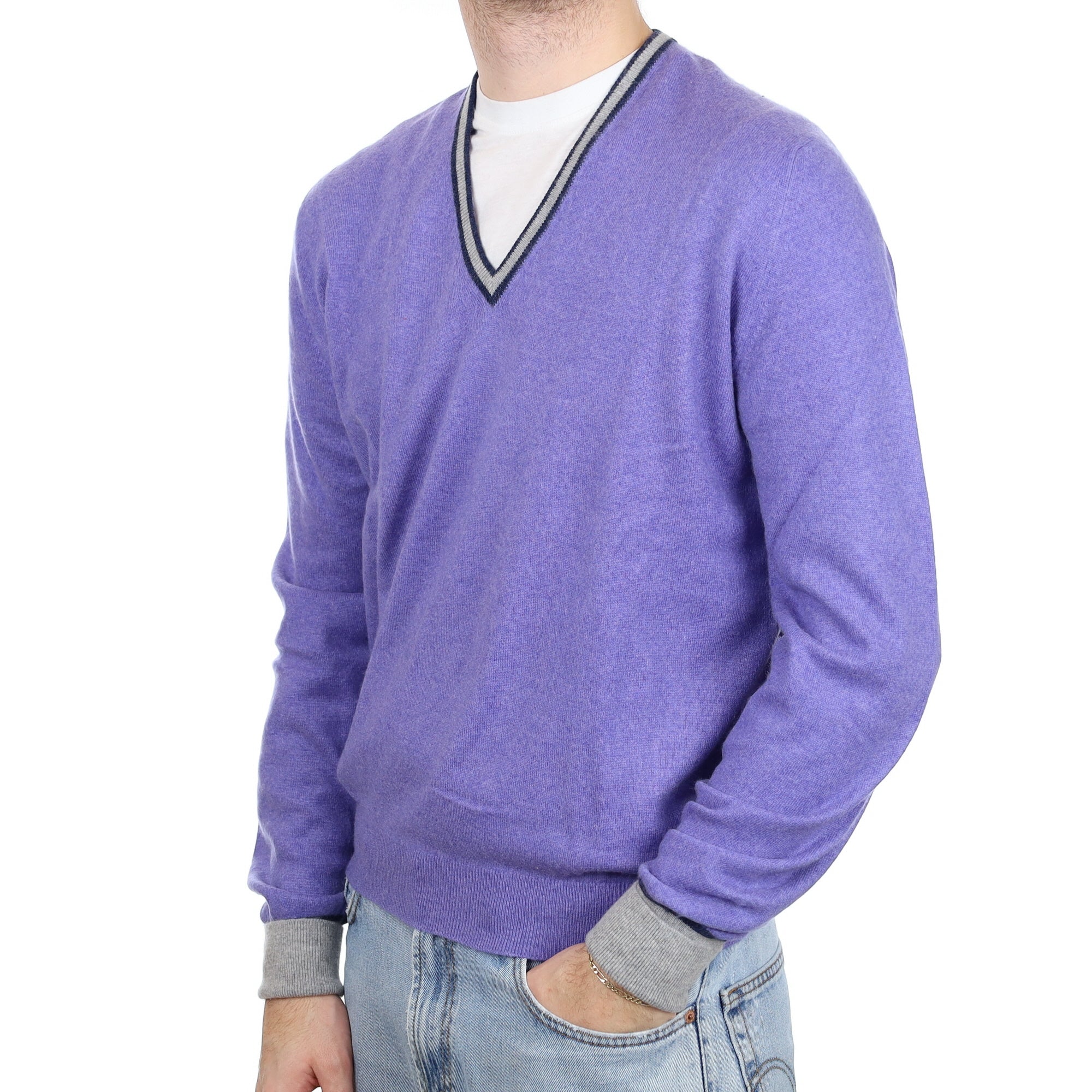 Men's Periwinkle Purple Cashmere V Neck Jumper Large