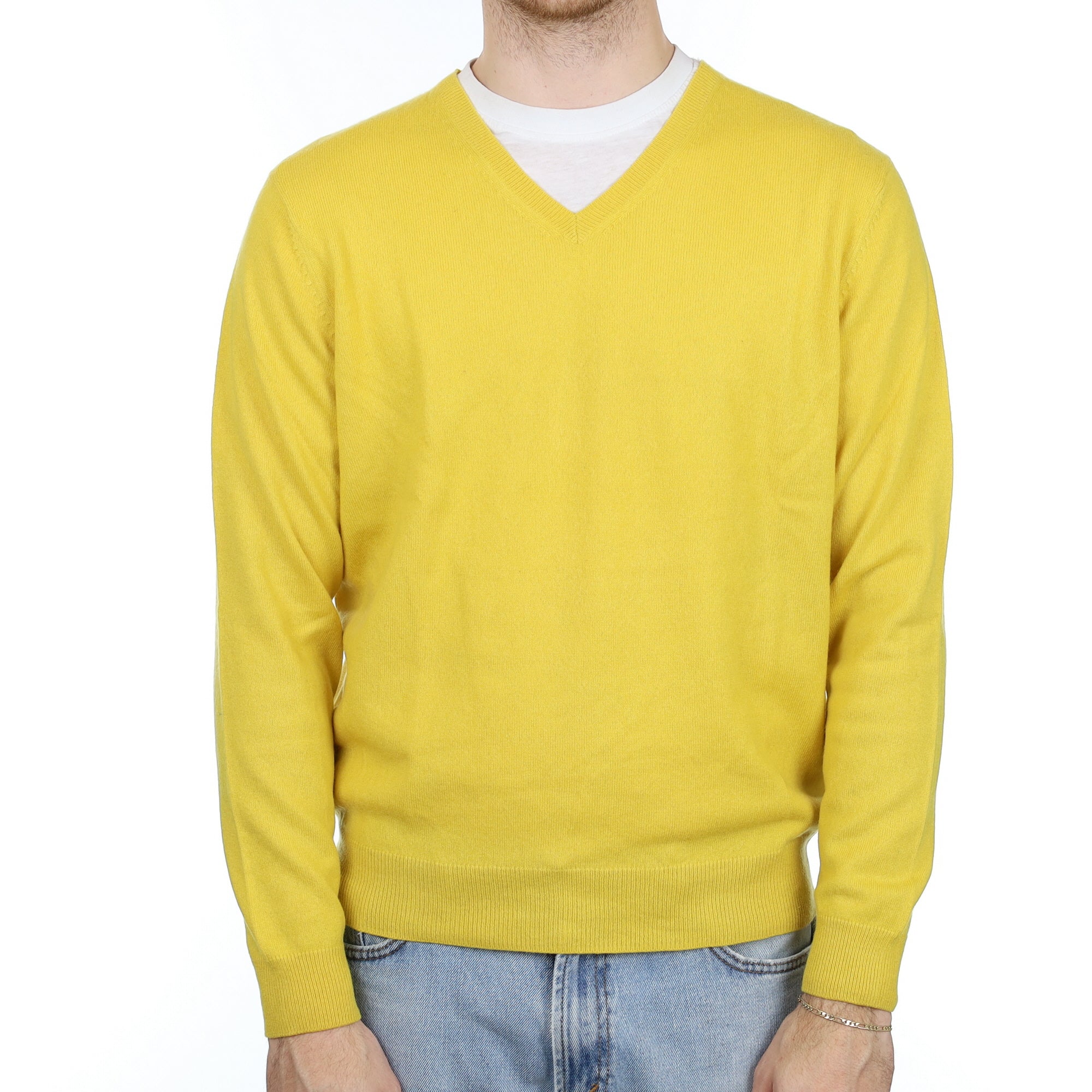 Men's Sunshine Yellow Cashmere V Neck Jumper Large