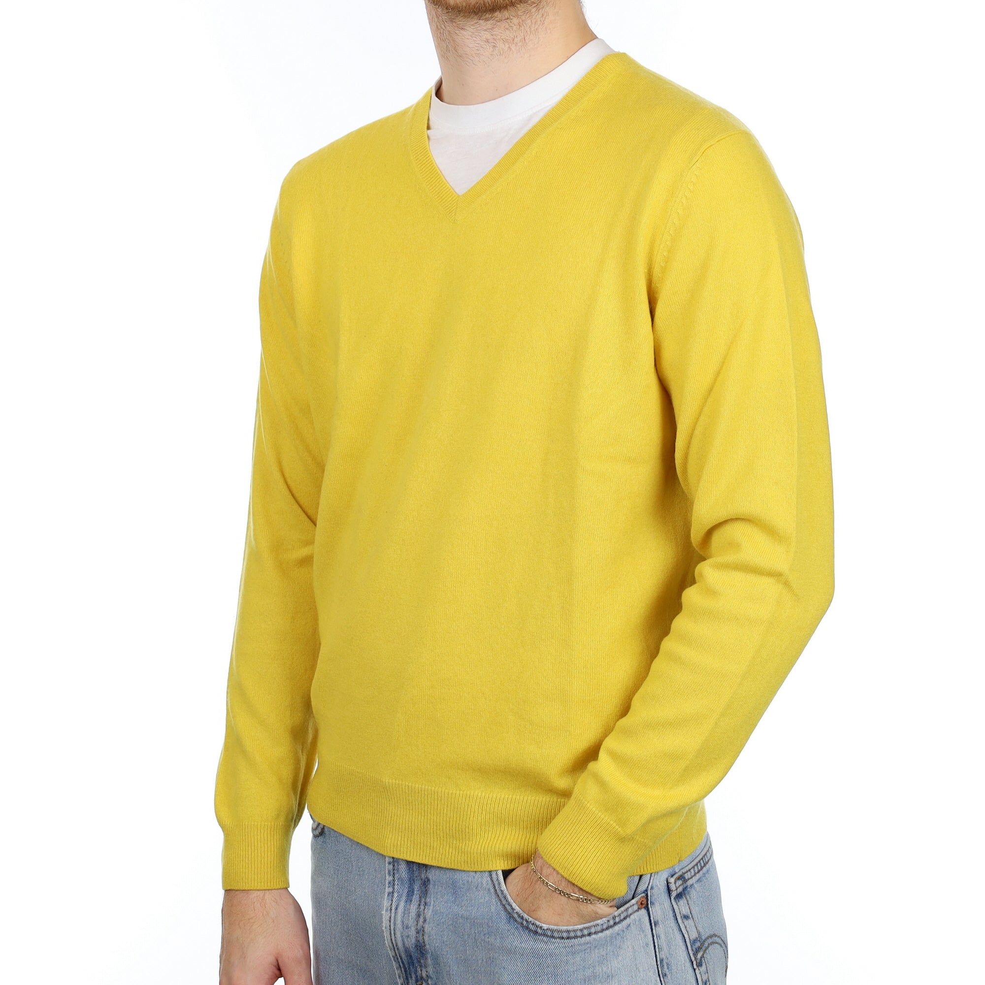 Men's Sunshine Yellow Cashmere V Neck Jumper Large