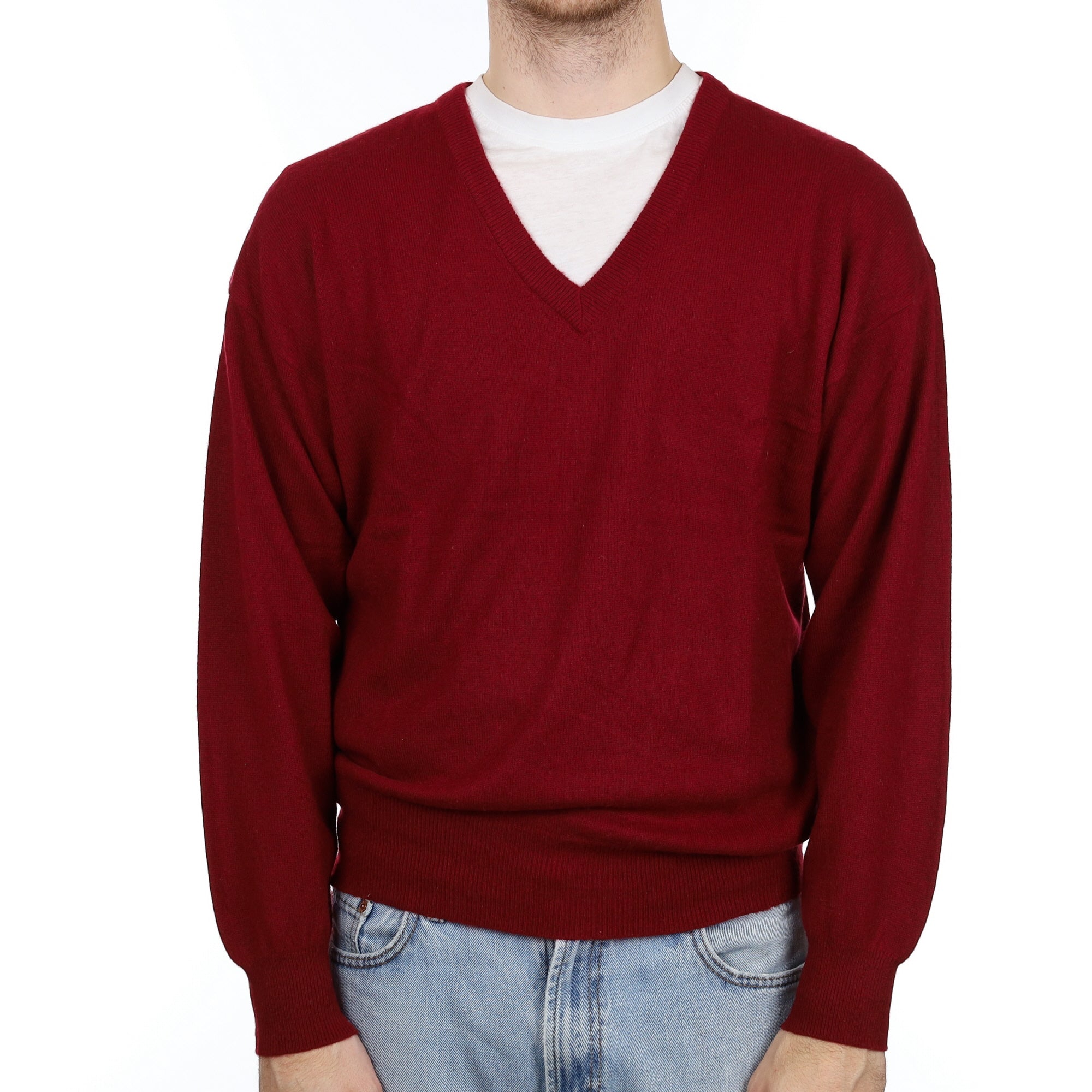 Men's Burgundy Red Cashmere V Neck Jumper Large