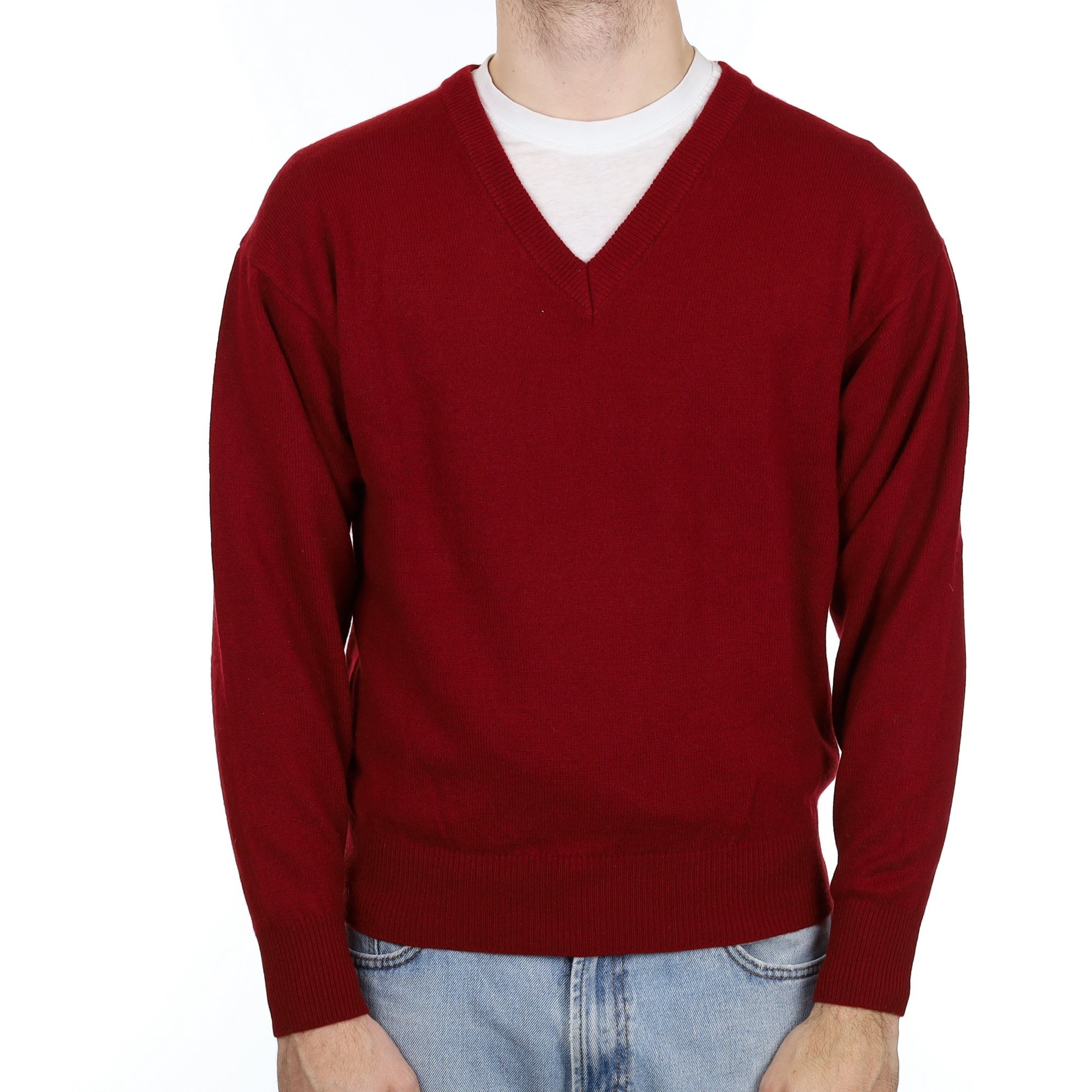 Men's Burgundy Red Cashmere V Neck Jumper Large