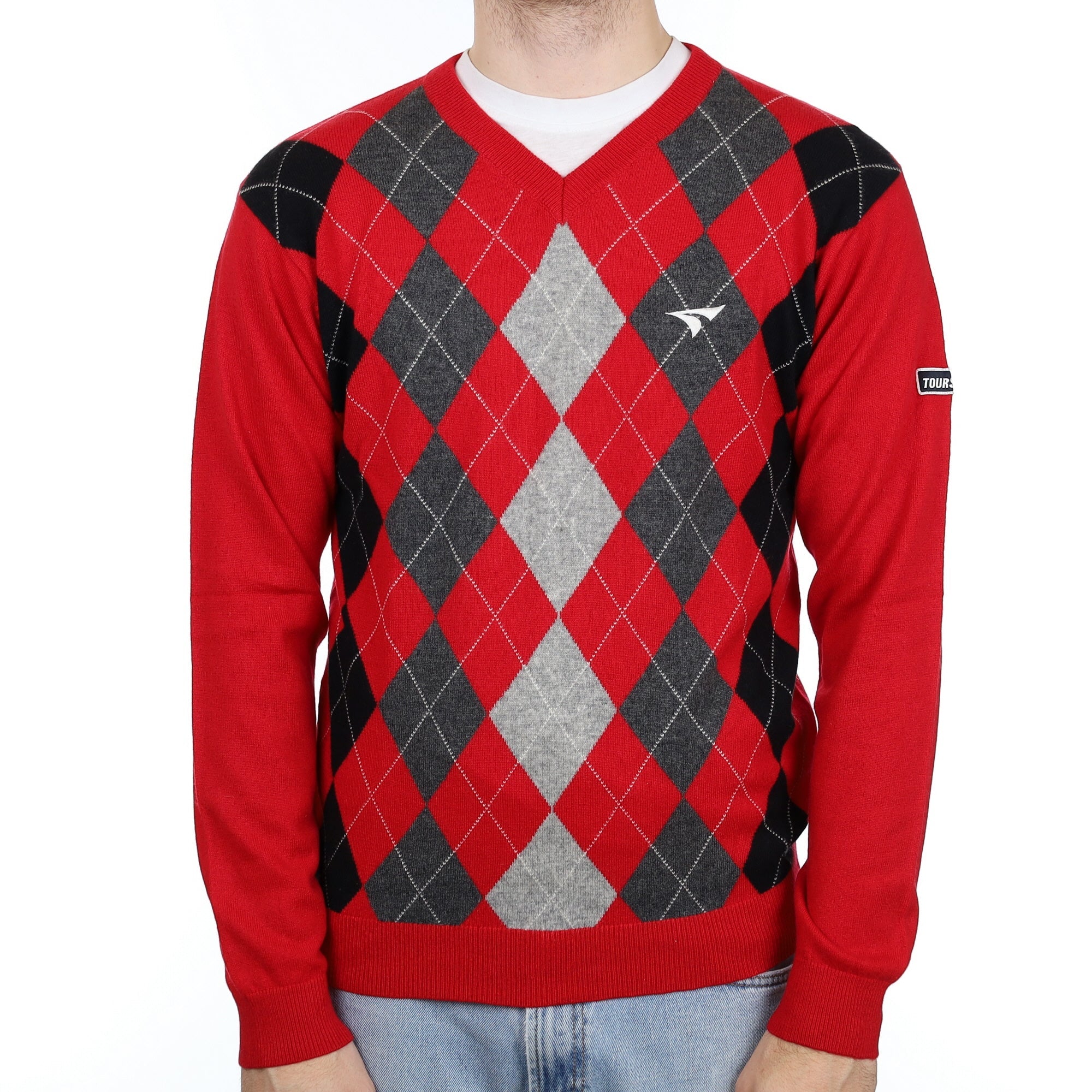 Men's Red and Grey Diamond Cashmere V Neck Jumper Large