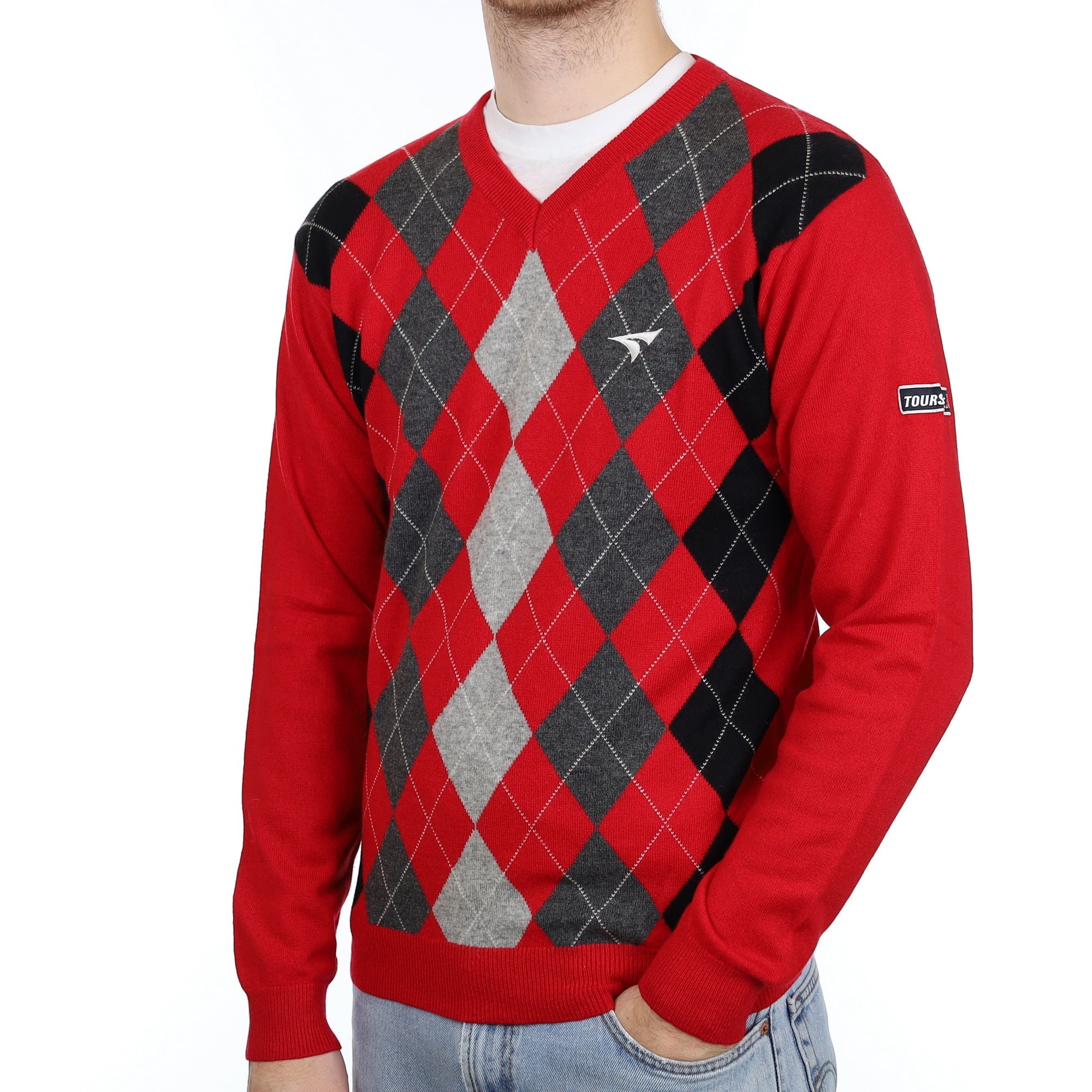 Men's Red and Grey Diamond Cashmere V Neck Jumper Large
