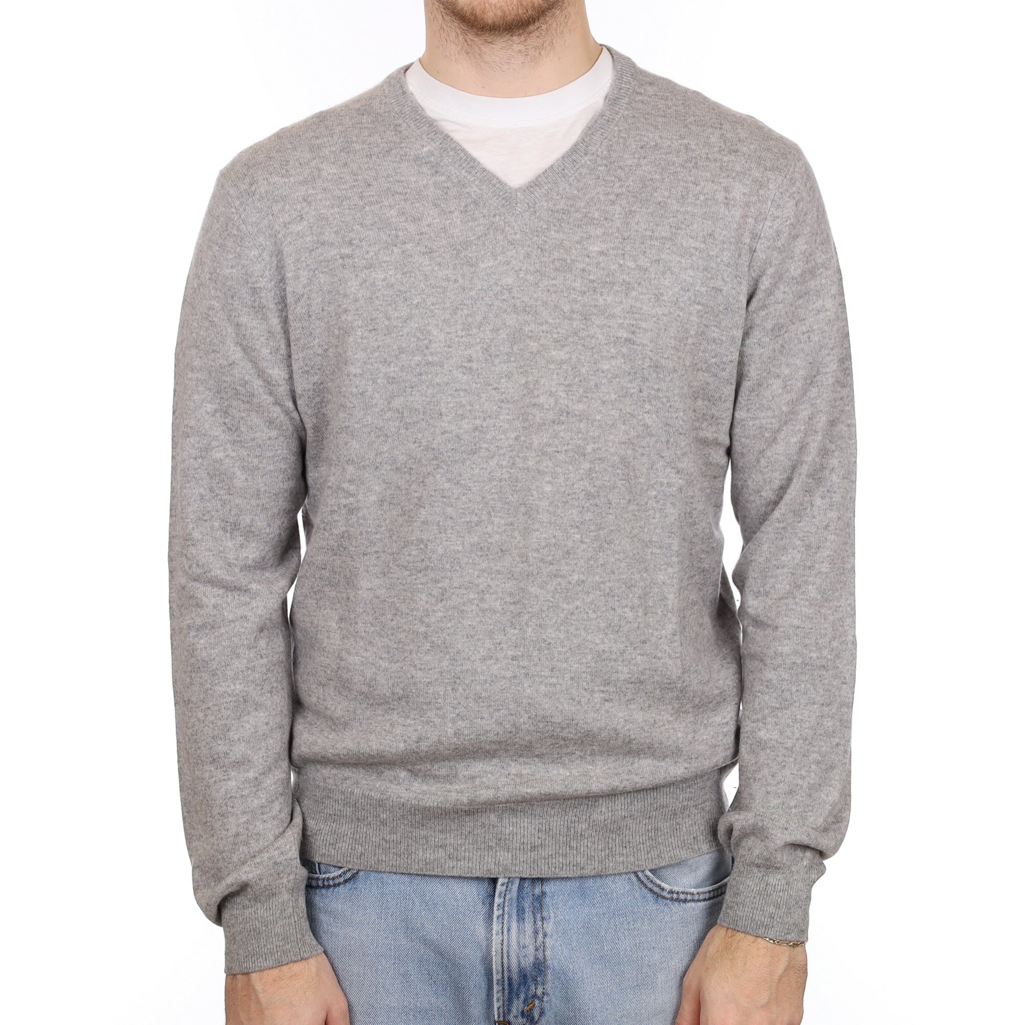 Men's Smoke Grey Cashmere V Neck Jumper Large