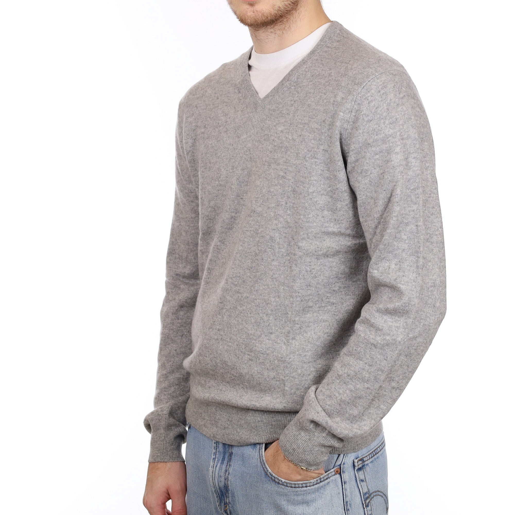 Men's Smoke Grey Cashmere V Neck Jumper Large