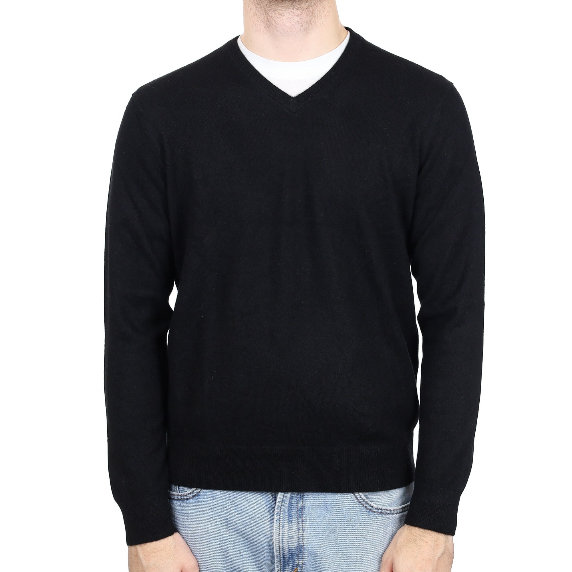 Men's Black Cashmere V Neck Jumper Large