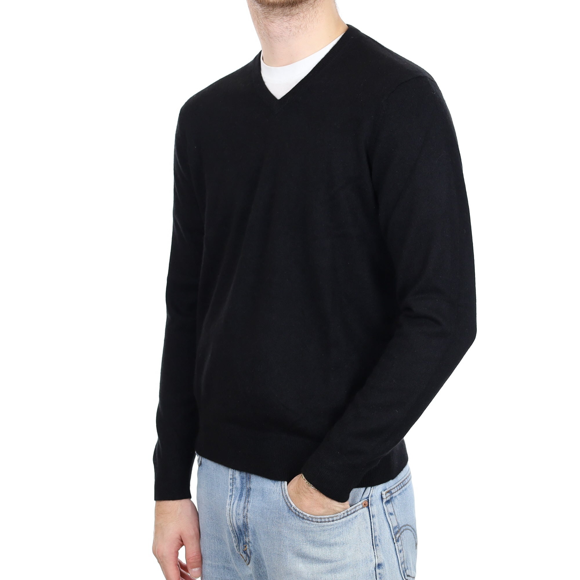 Men's Black Cashmere V Neck Jumper Large