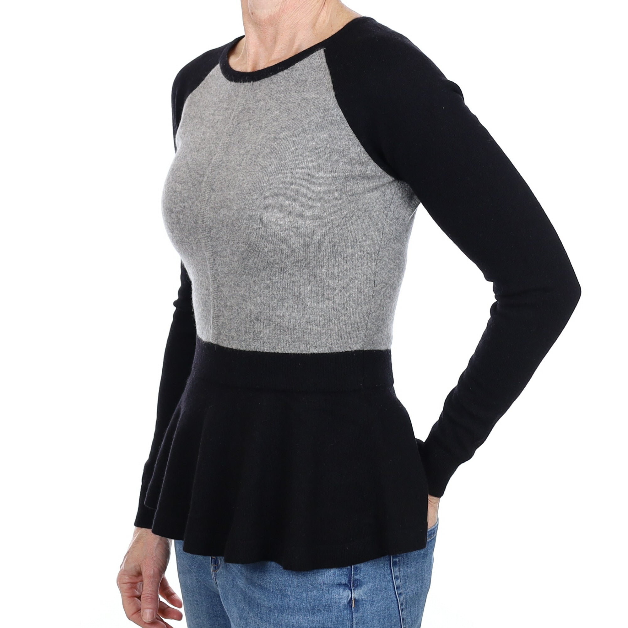 Black and Grey Peplum Cashmere Crew Neck Jumper Small