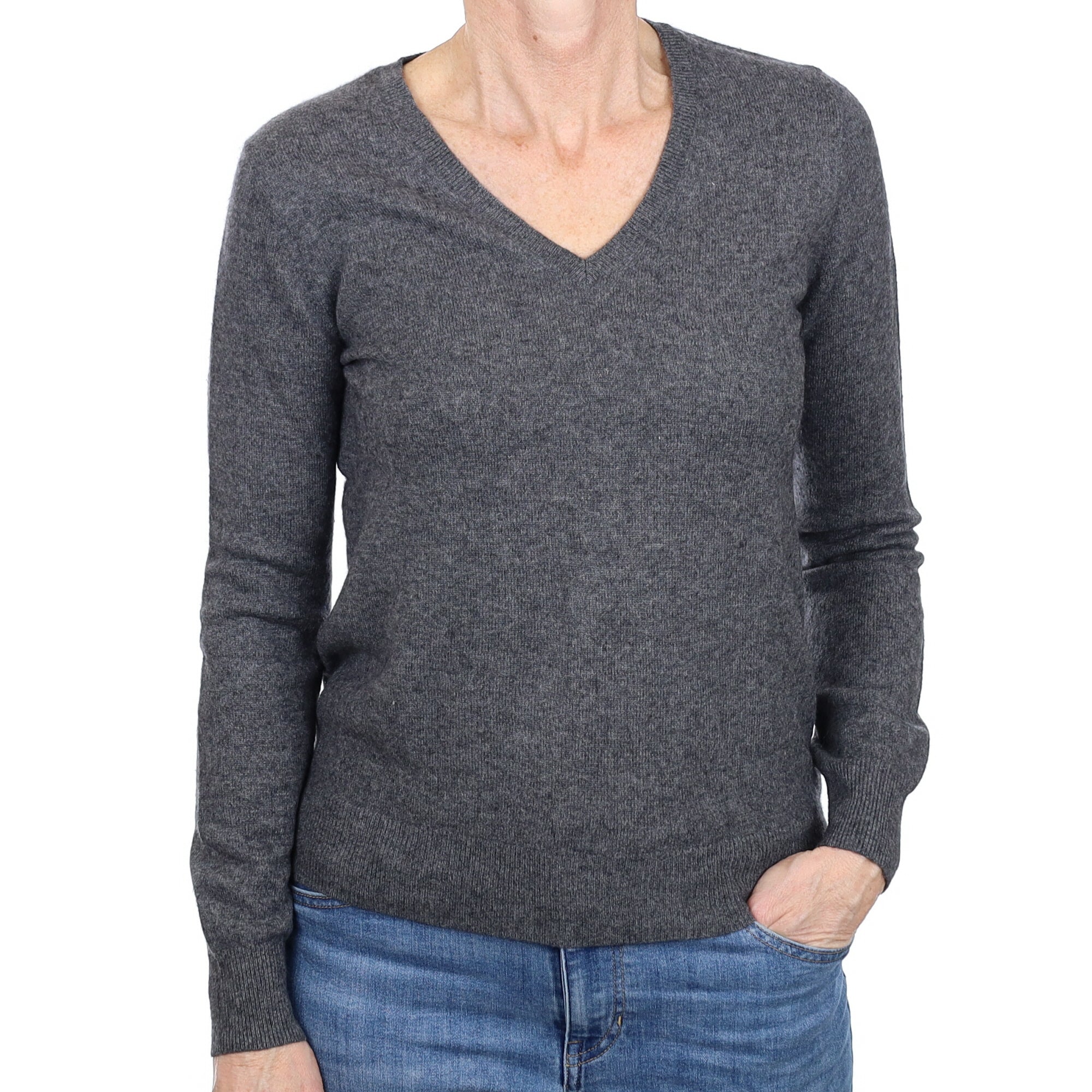 Slate Grey Cashmere V Neck Jumper Small