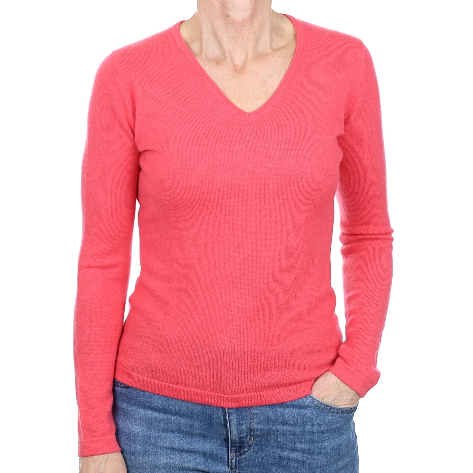 Deep Coral Pink Cashmere V Neck Jumper Small